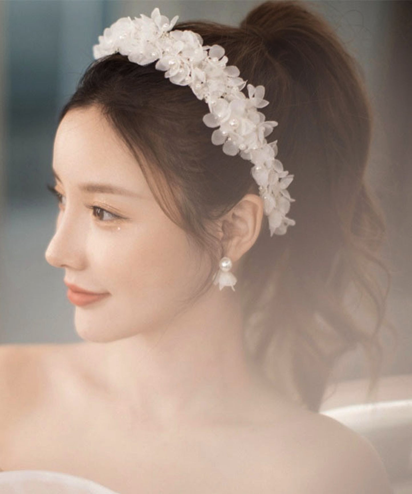 2点セット シアー フラワー パール ヘア バンド イヤリング