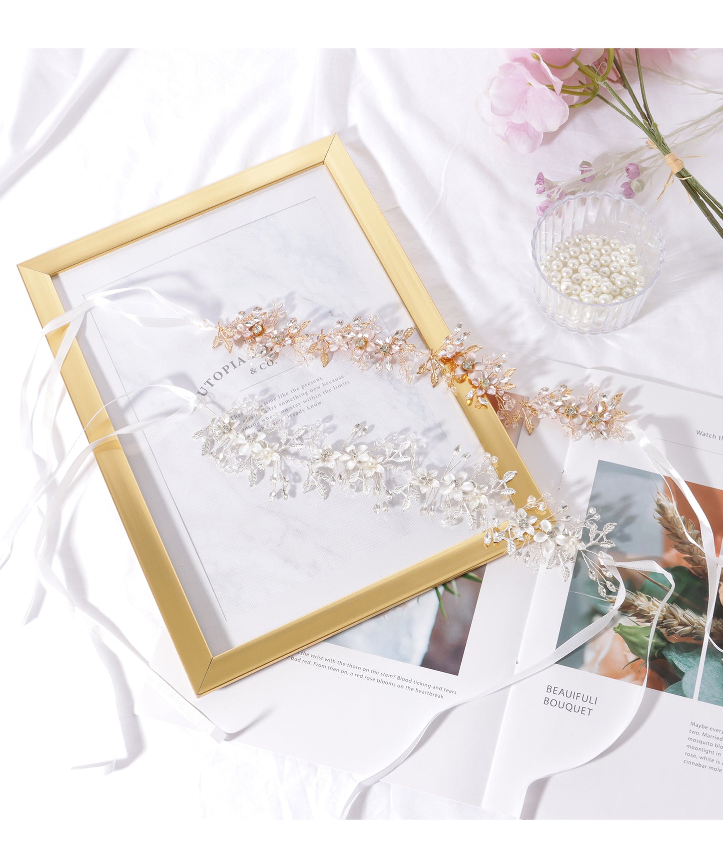 メタリックカラー フラワー ビジュー ボタニカル ヘアバンド