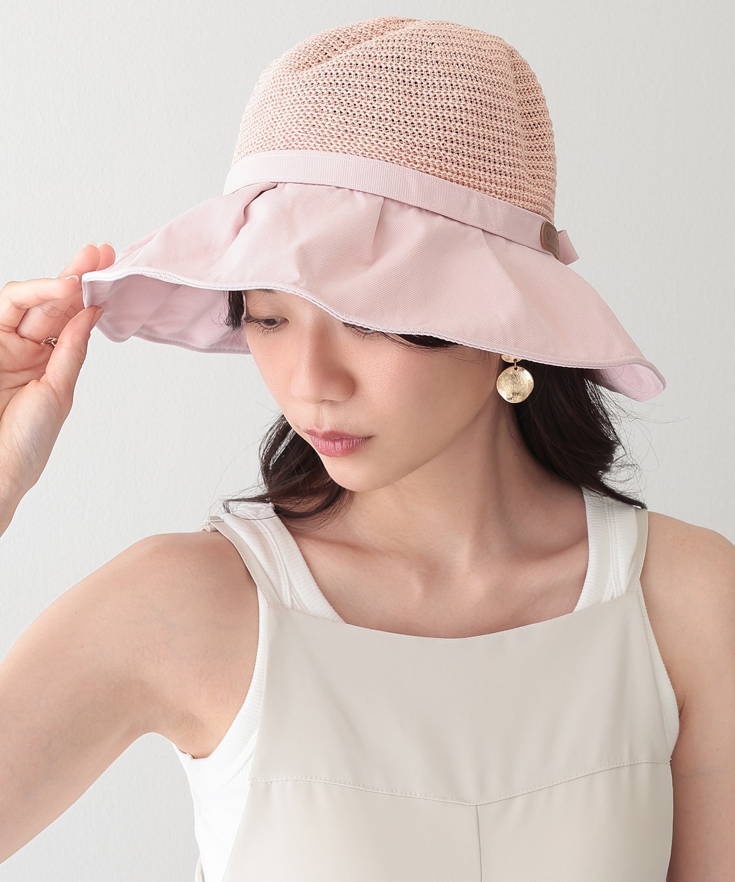 異素材 リボン付き タック ストロー ハット