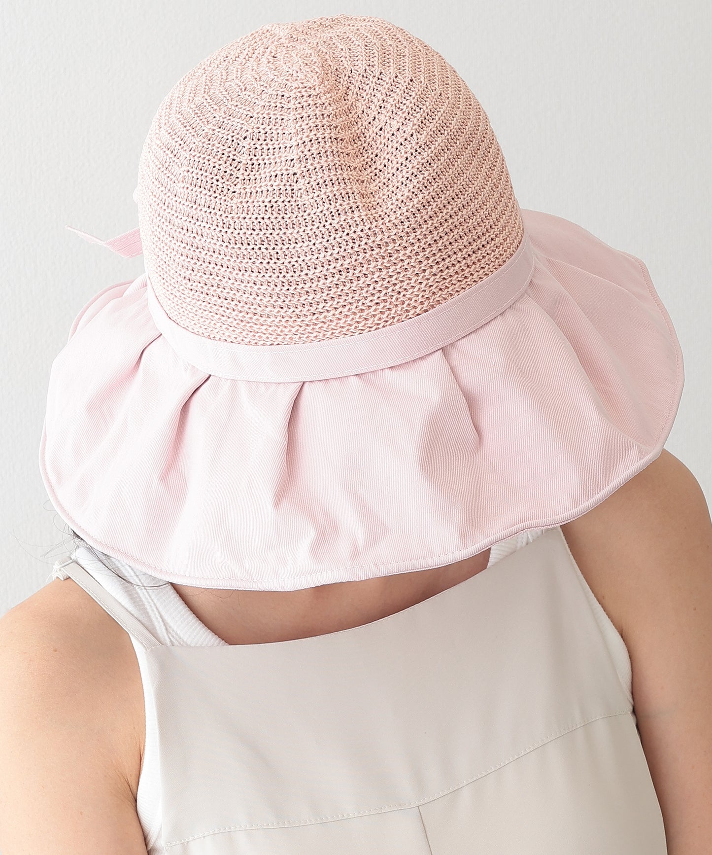異素材 リボン付き タック ストロー ハット