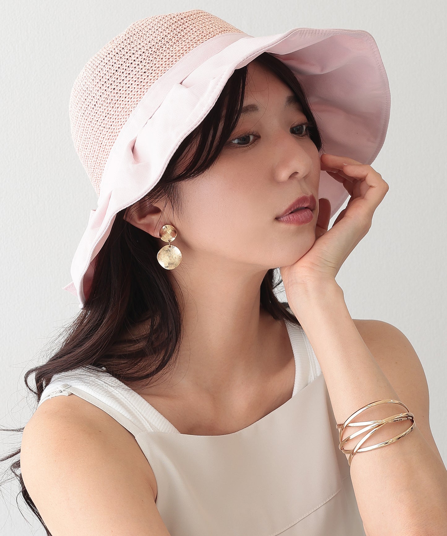 異素材 リボン付き タック ストロー ハット