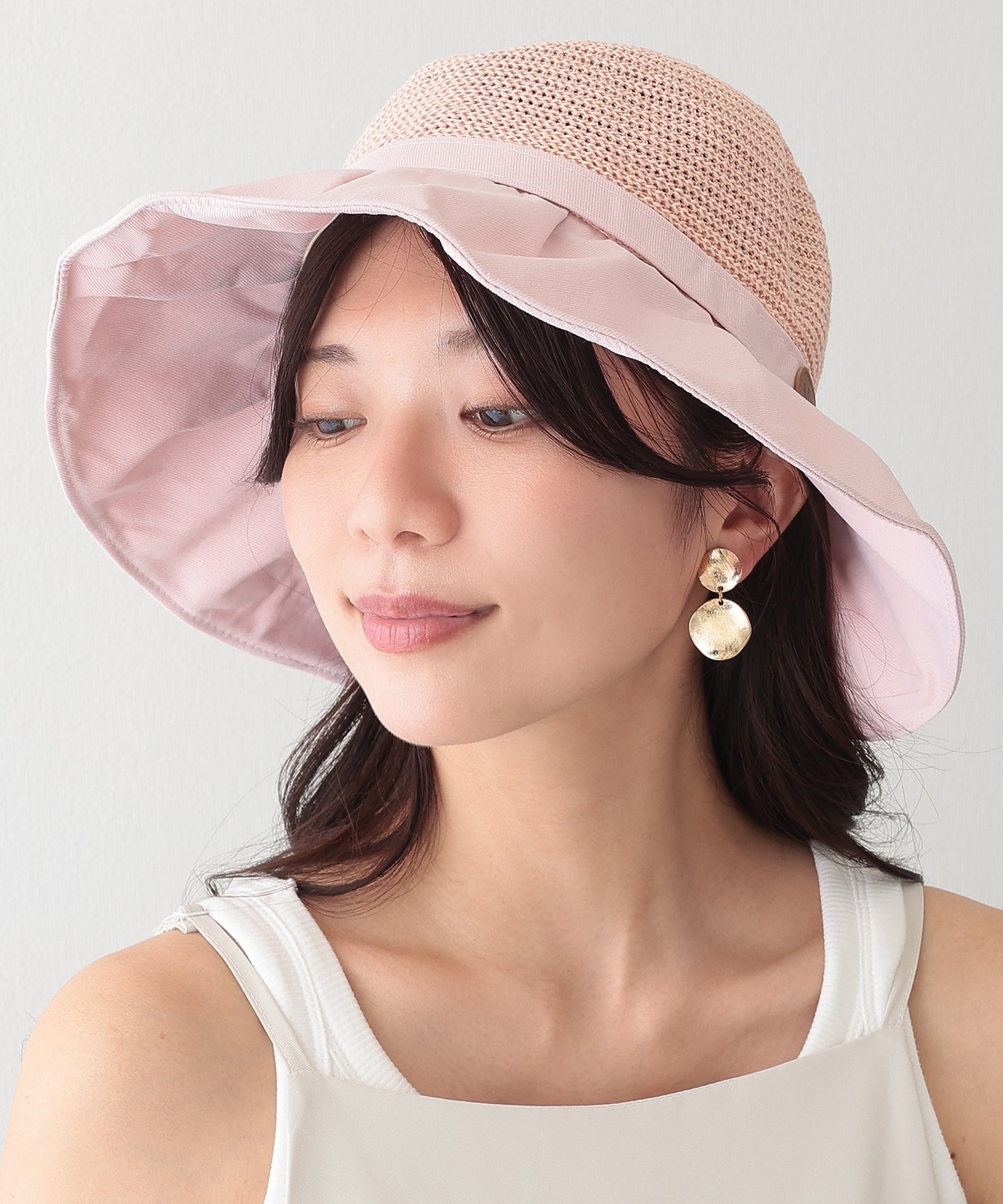 異素材 リボン付き タック ストロー ハット