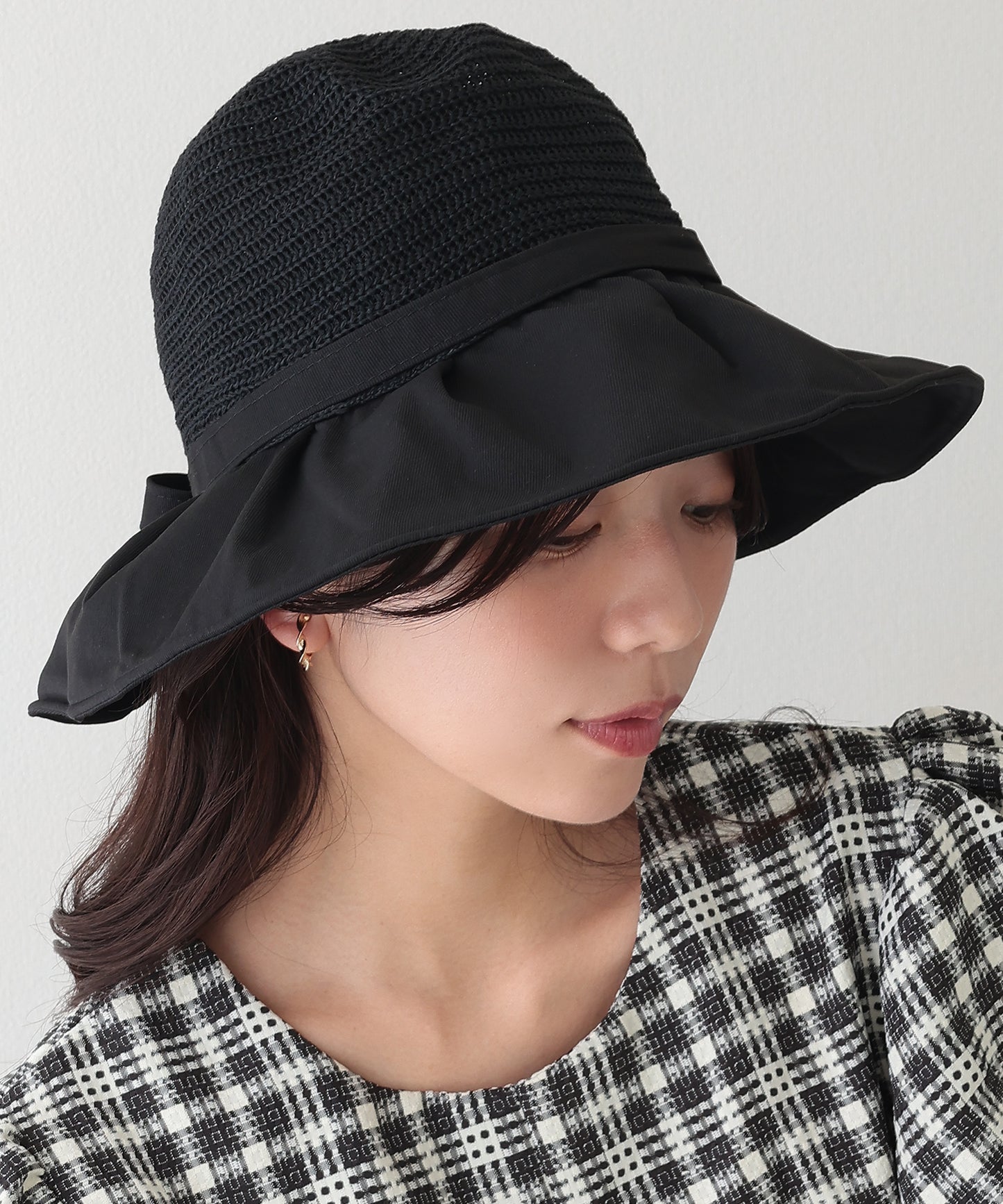 異素材 リボン付き タック ストロー ハット