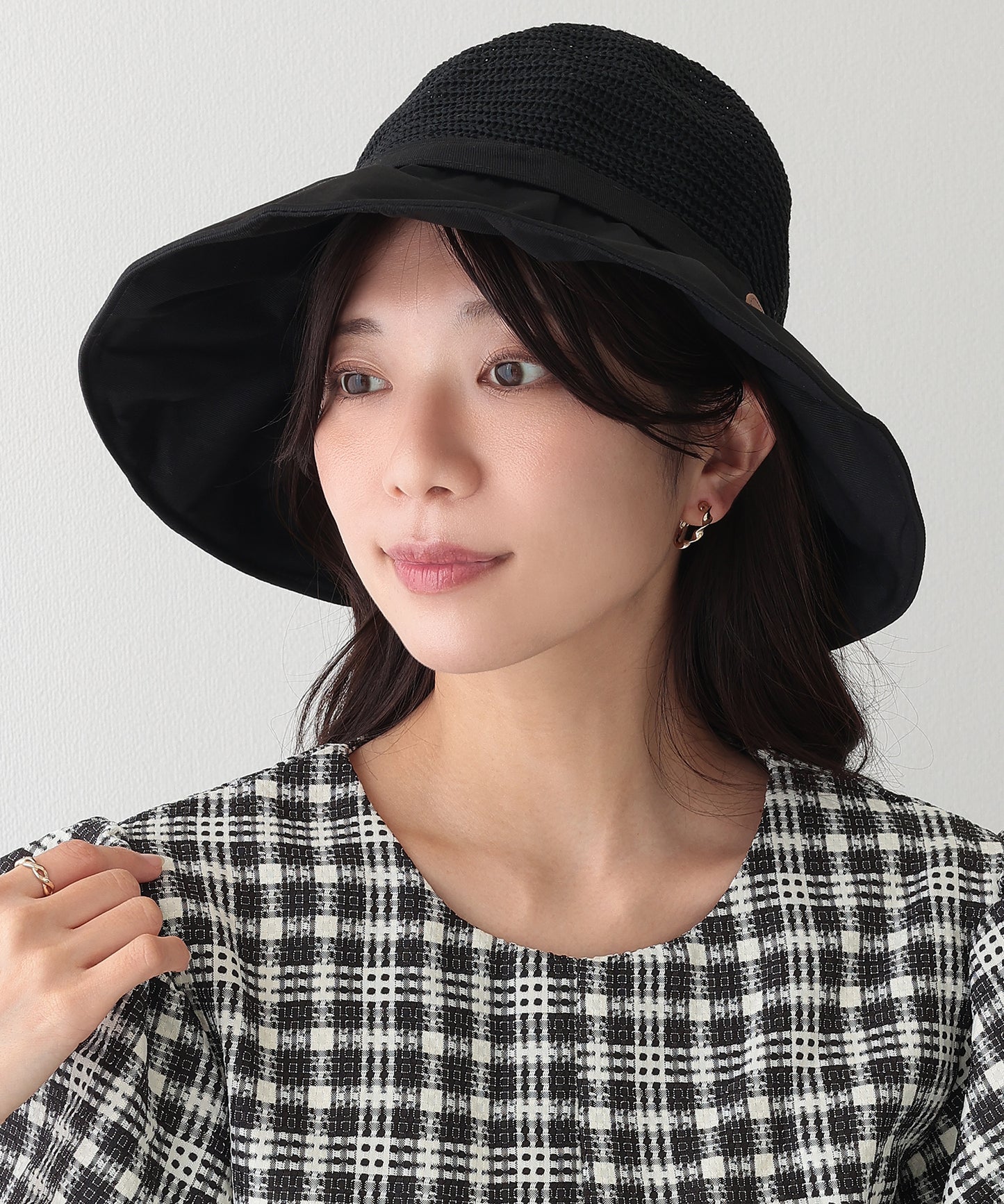 異素材 リボン付き タック ストロー ハット