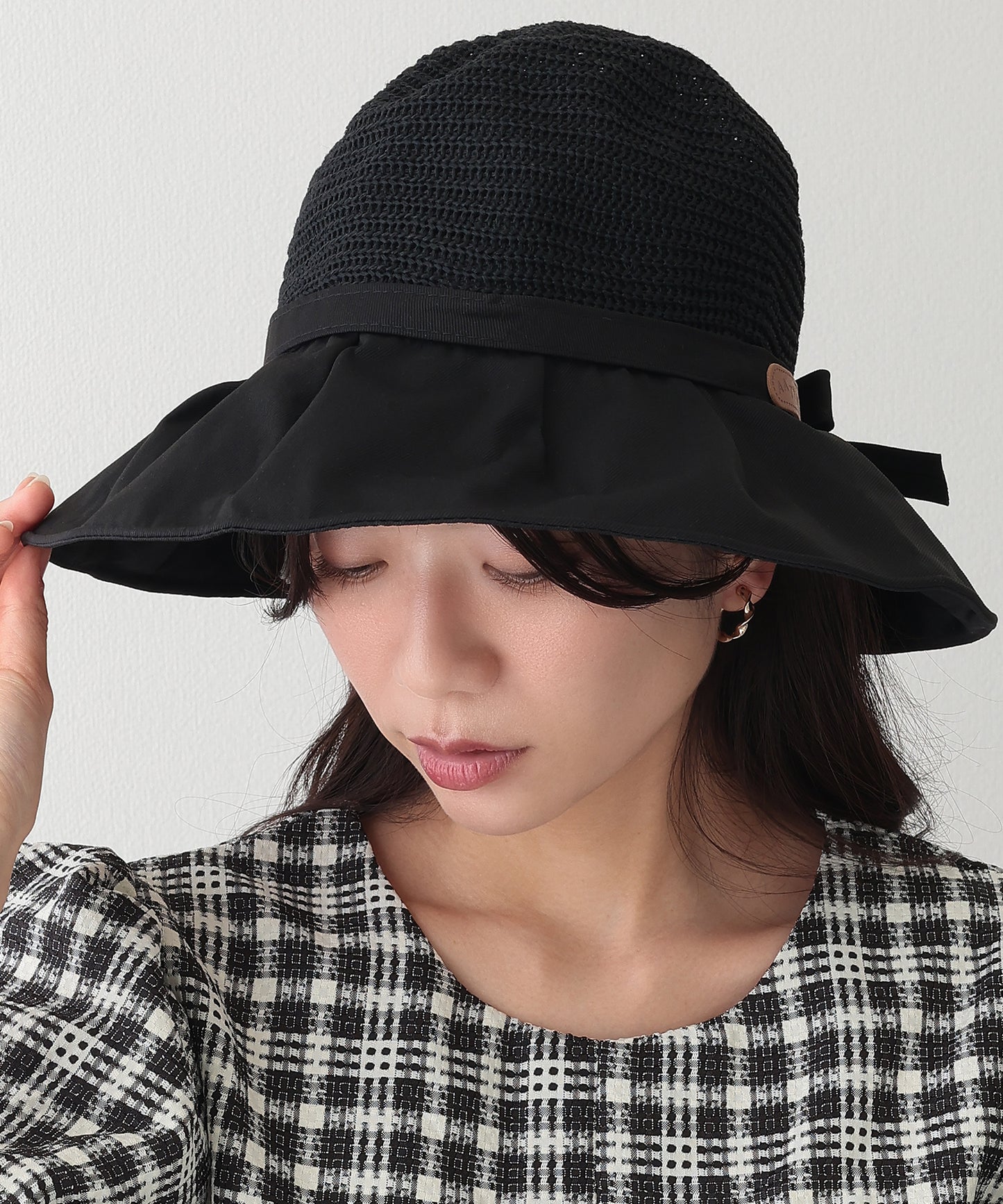 異素材 リボン付き タック ストロー ハット
