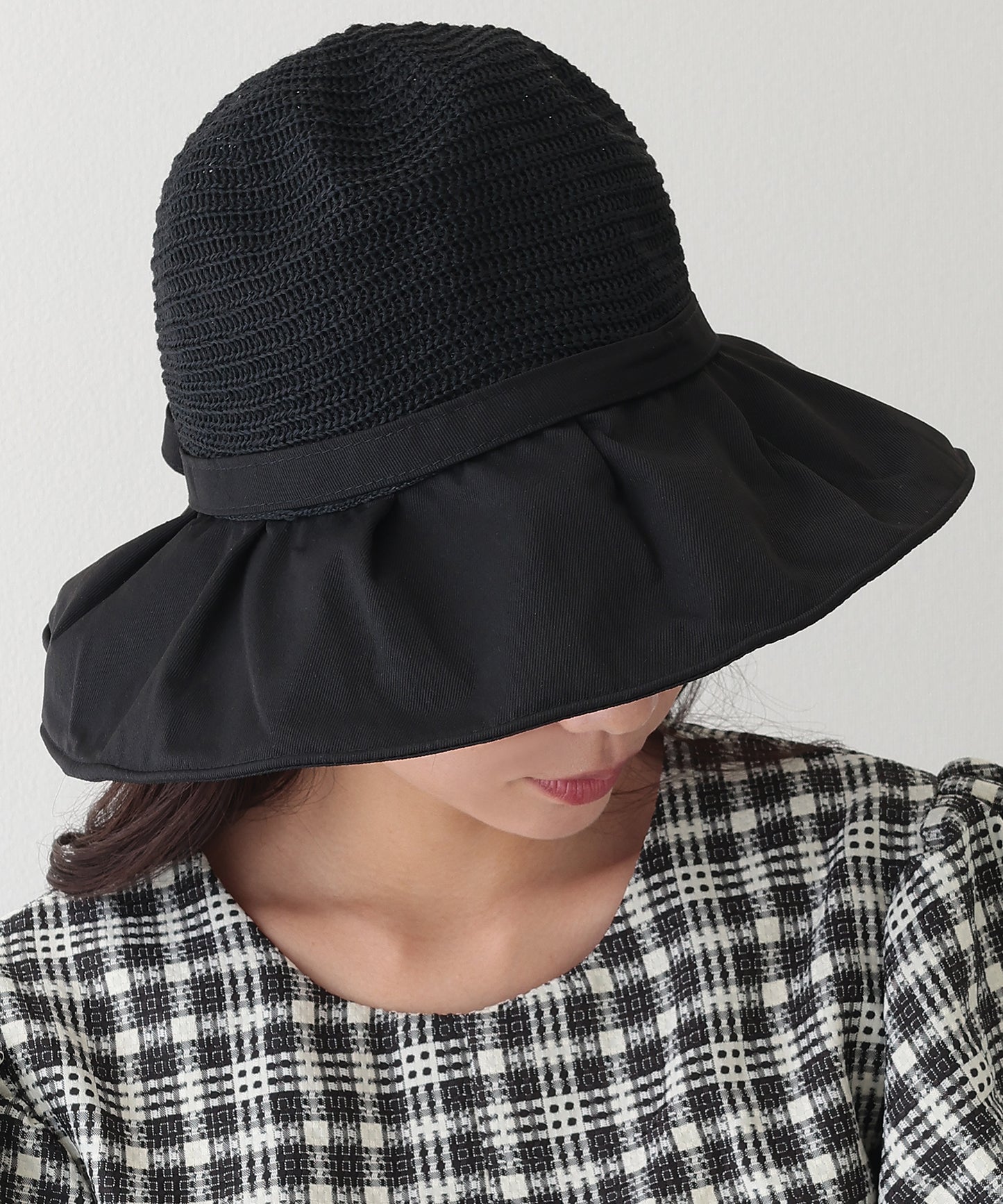 異素材 リボン付き タック ストロー ハット