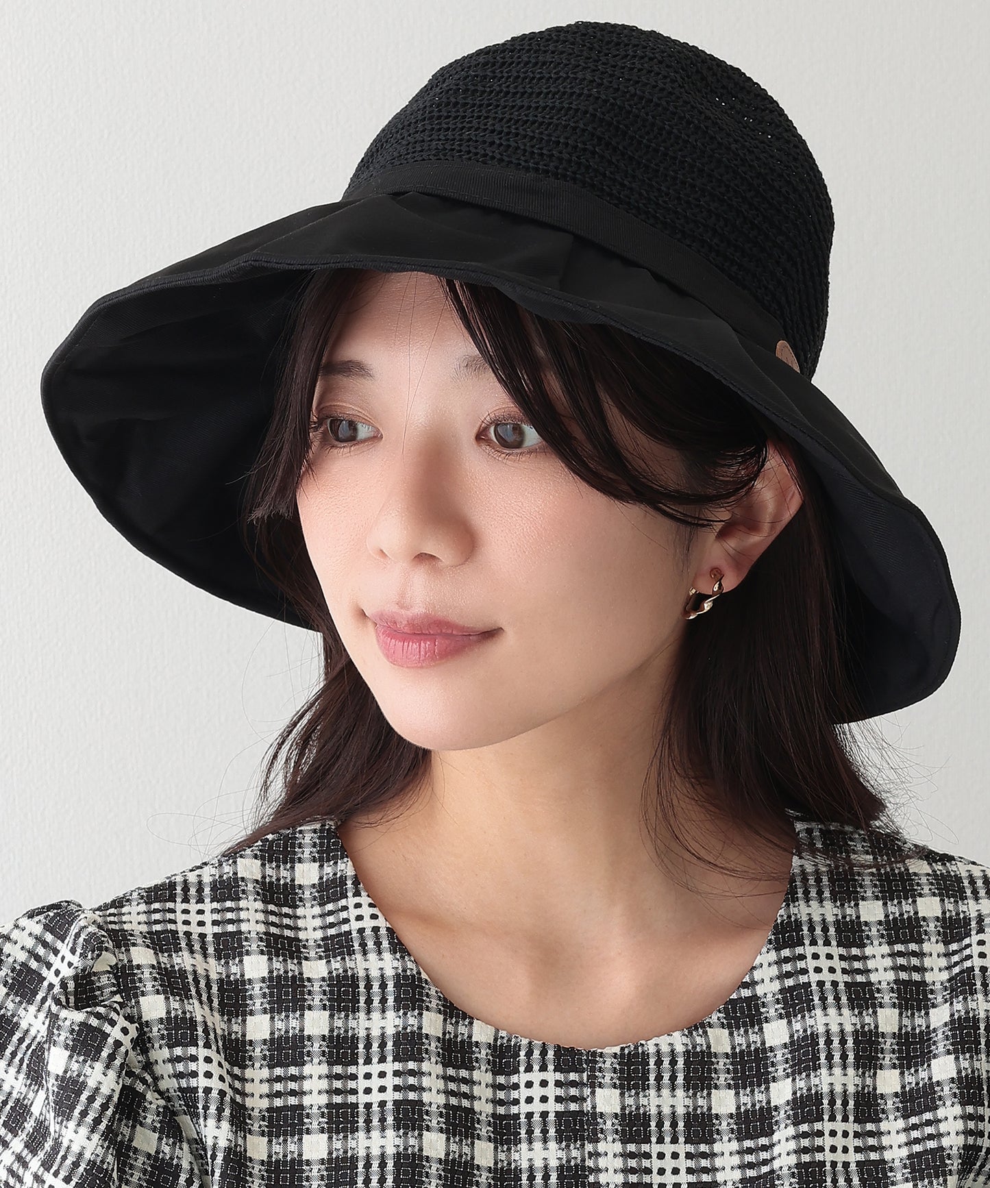 異素材 リボン付き タック ストロー ハット