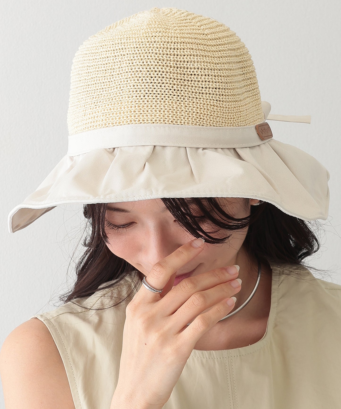異素材 リボン付き タック ストロー ハット