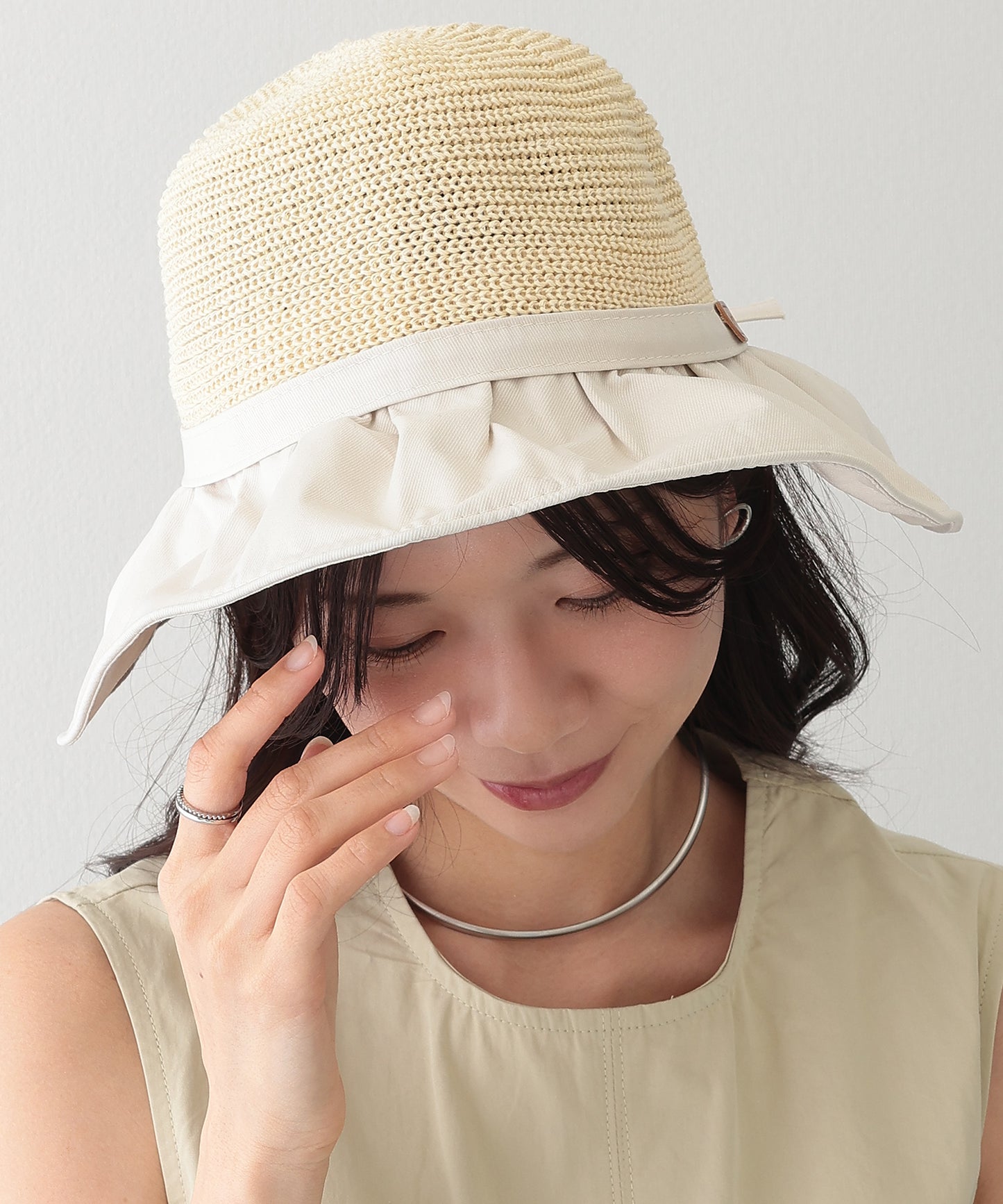 異素材 リボン付き タック ストロー ハット
