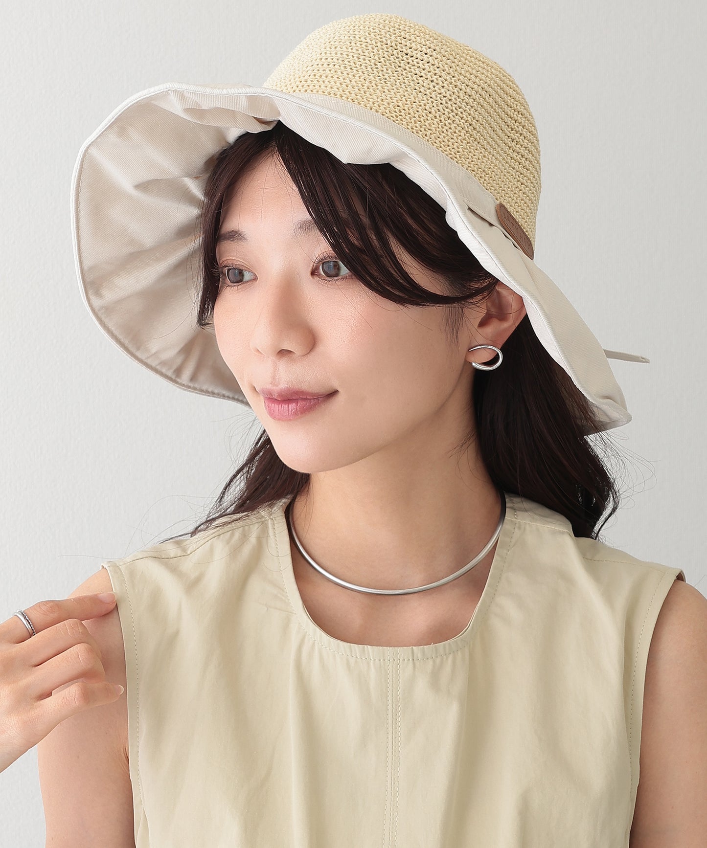 異素材 リボン付き タック ストロー ハット