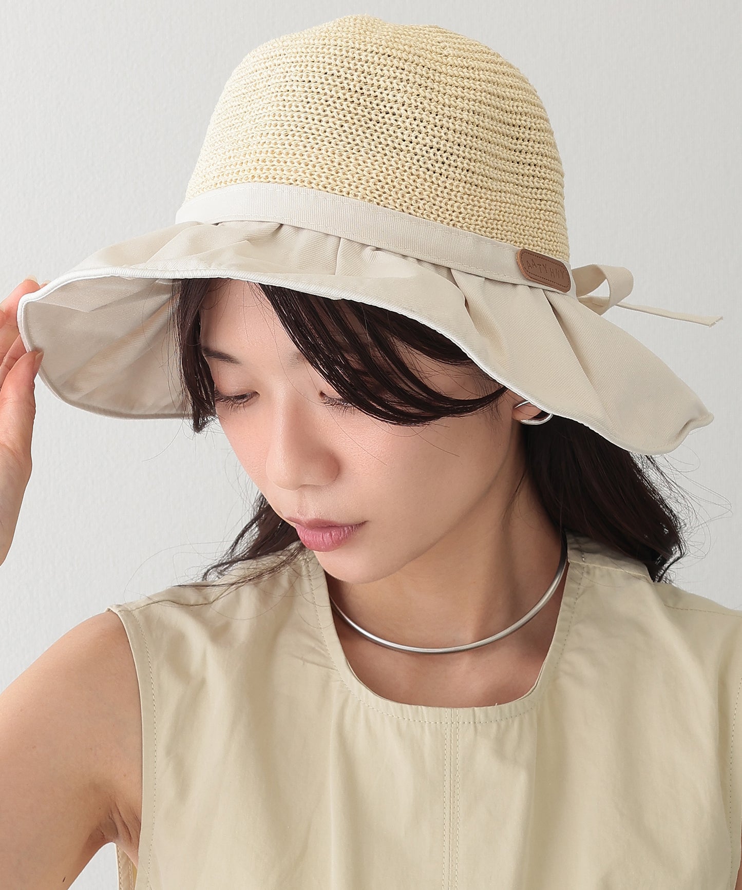 異素材 リボン付き タック ストロー ハット