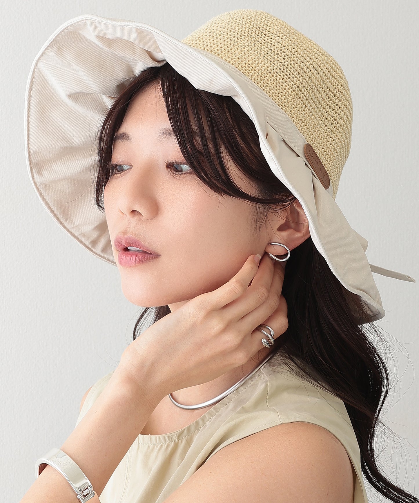 異素材 リボン付き タック ストロー ハット