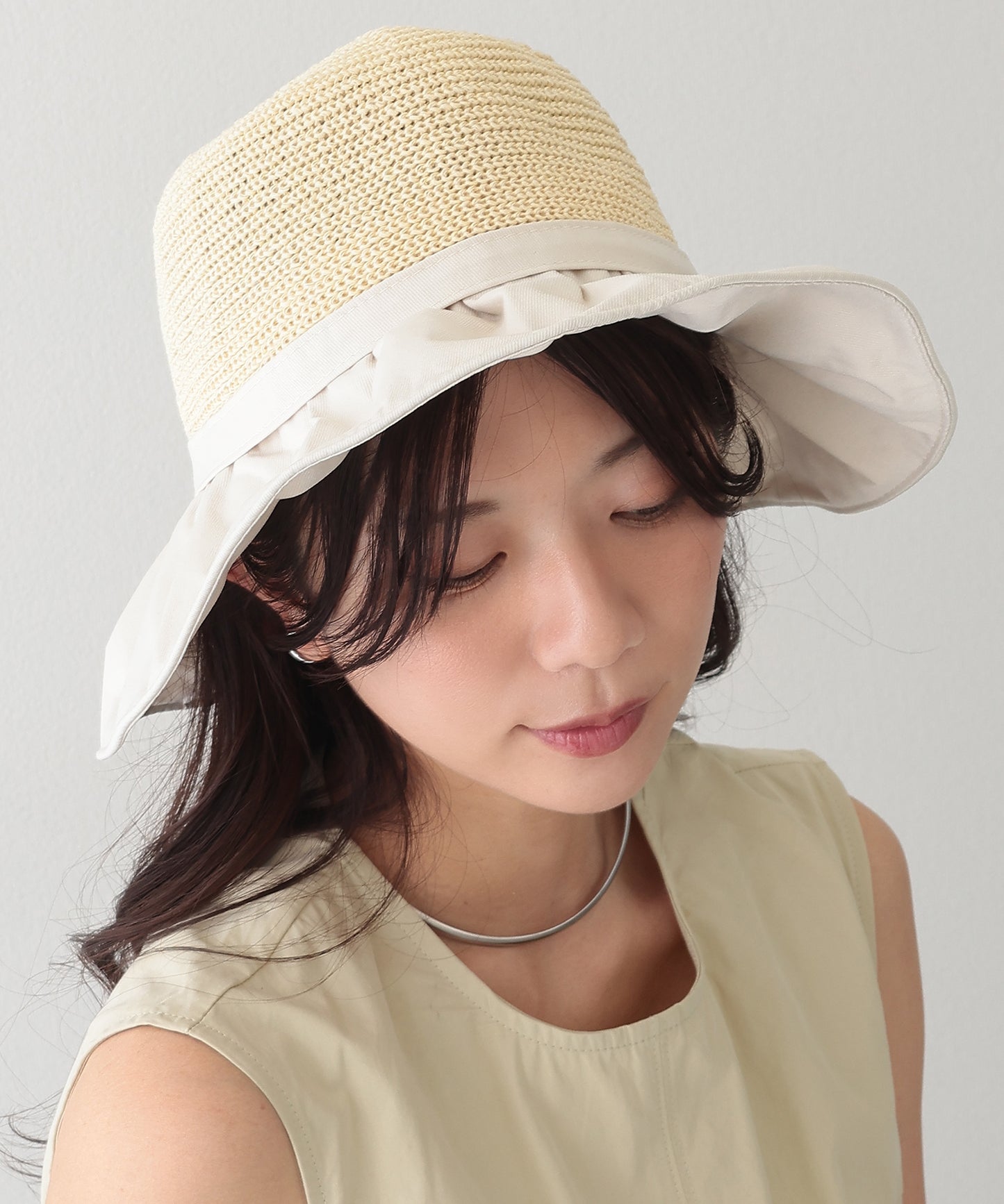 異素材 リボン付き タック ストロー ハット