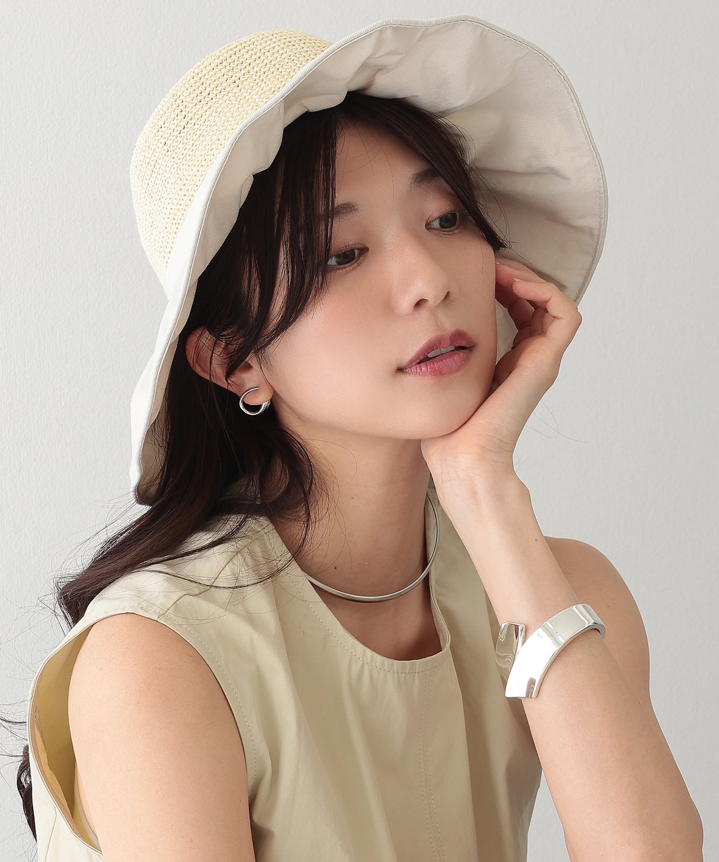 異素材 リボン付き タック ストロー ハット