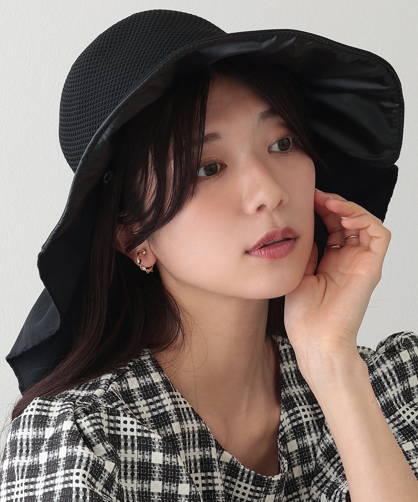 異素材 メッシュ編み バックリボン サンシェード ハット