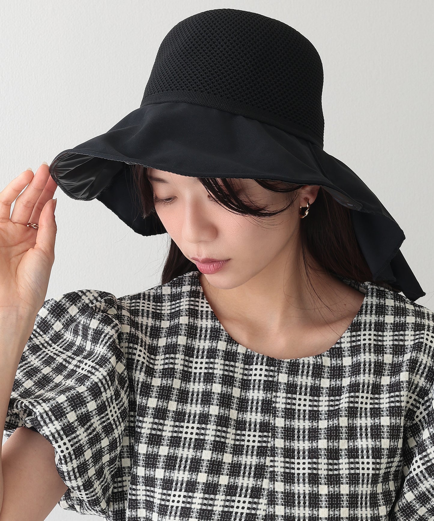 異素材 メッシュ編み バックリボン サンシェード ハット