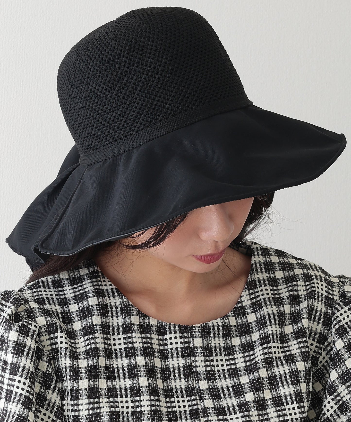 異素材 メッシュ編み バックリボン サンシェード ハット