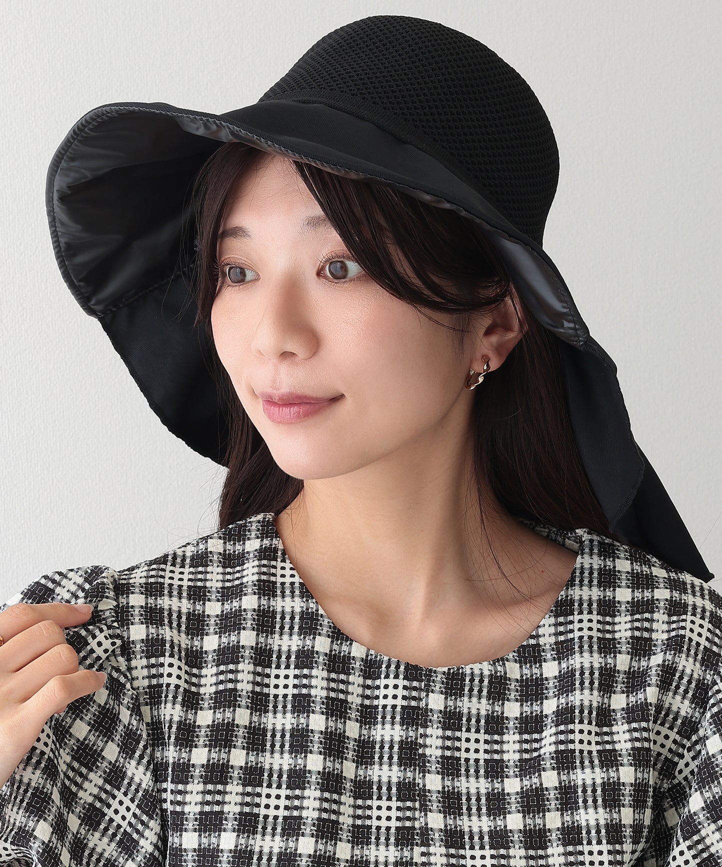 異素材 メッシュ編み バックリボン サンシェード ハット