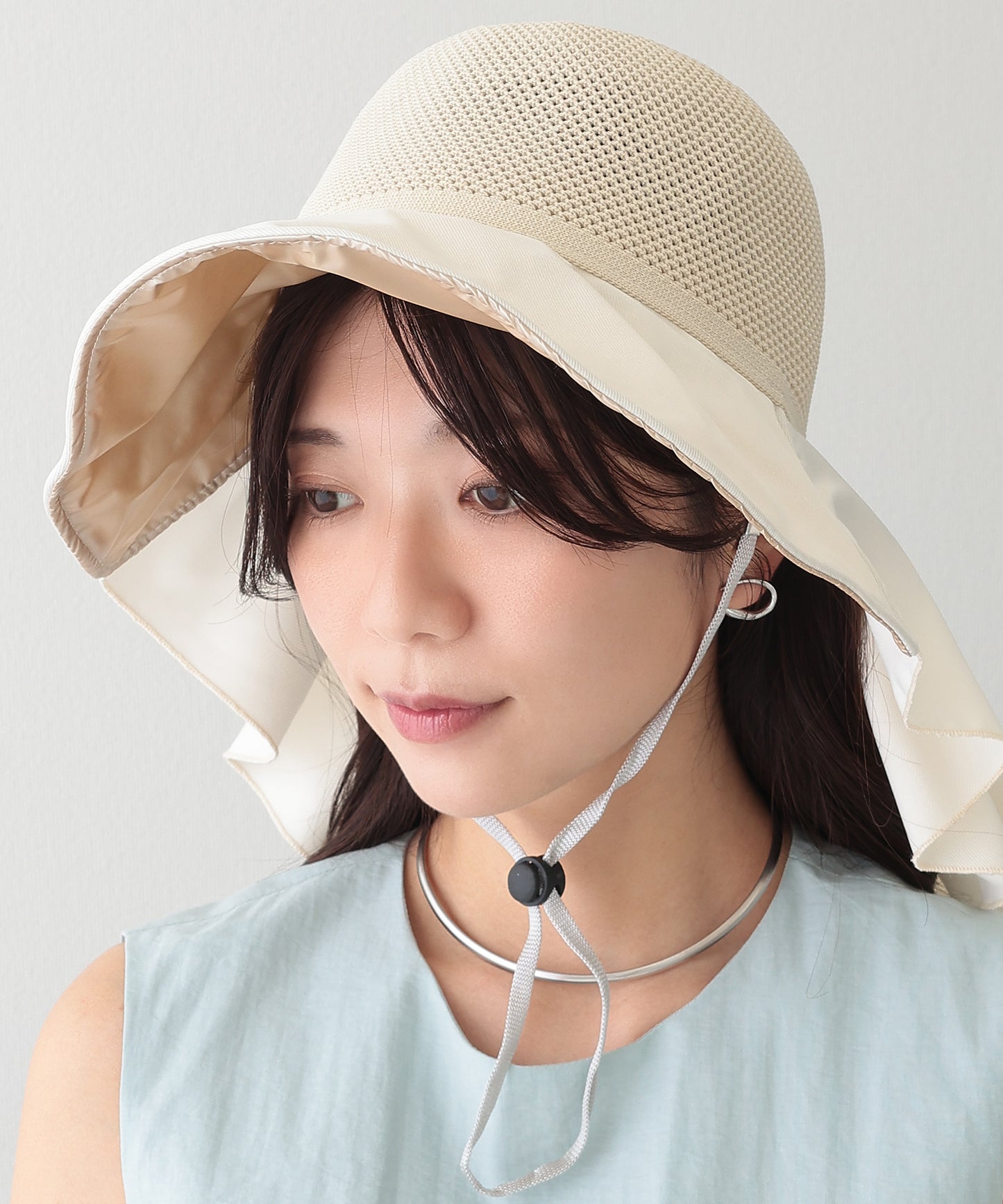 異素材 メッシュ編み バックリボン サンシェード ハット