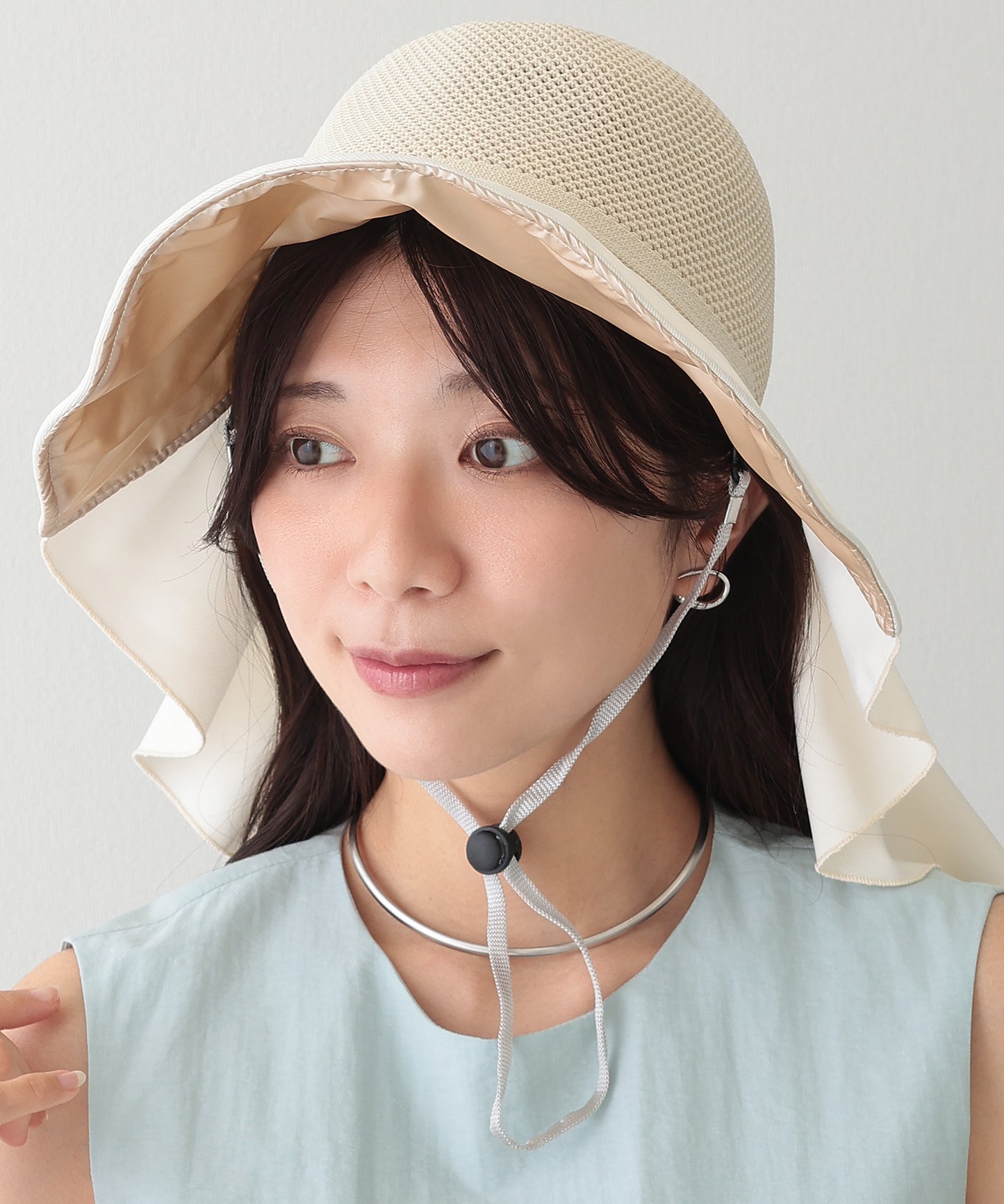 異素材 メッシュ編み バックリボン サンシェード ハット