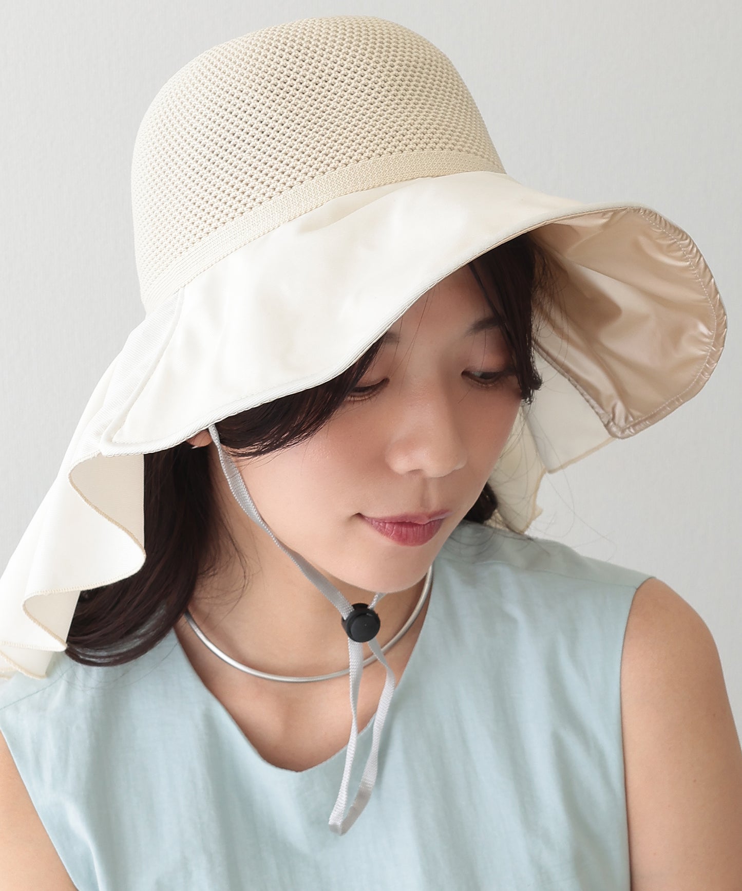 異素材 メッシュ編み バックリボン サンシェード ハット