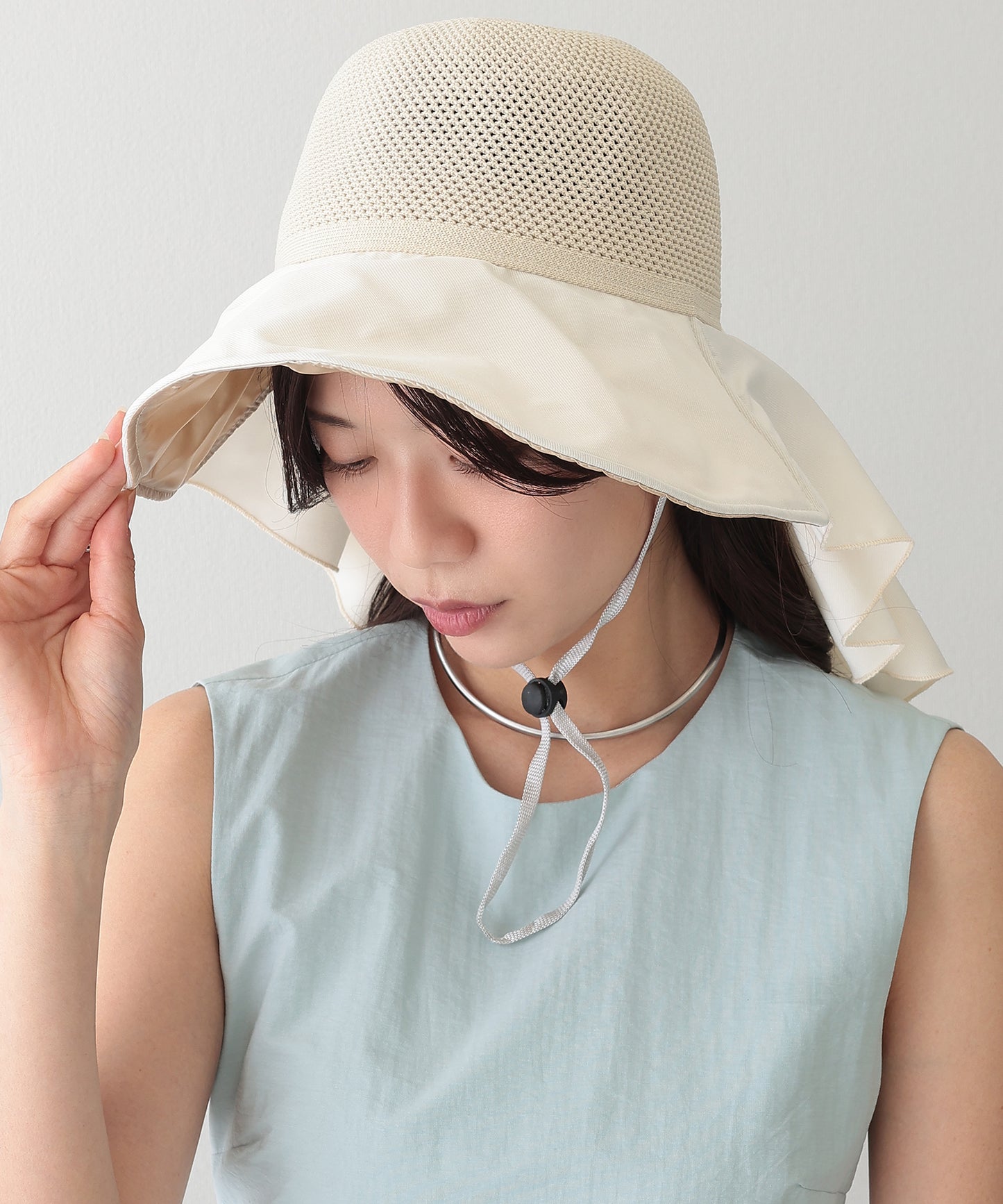 異素材 メッシュ編み バックリボン サンシェード ハット