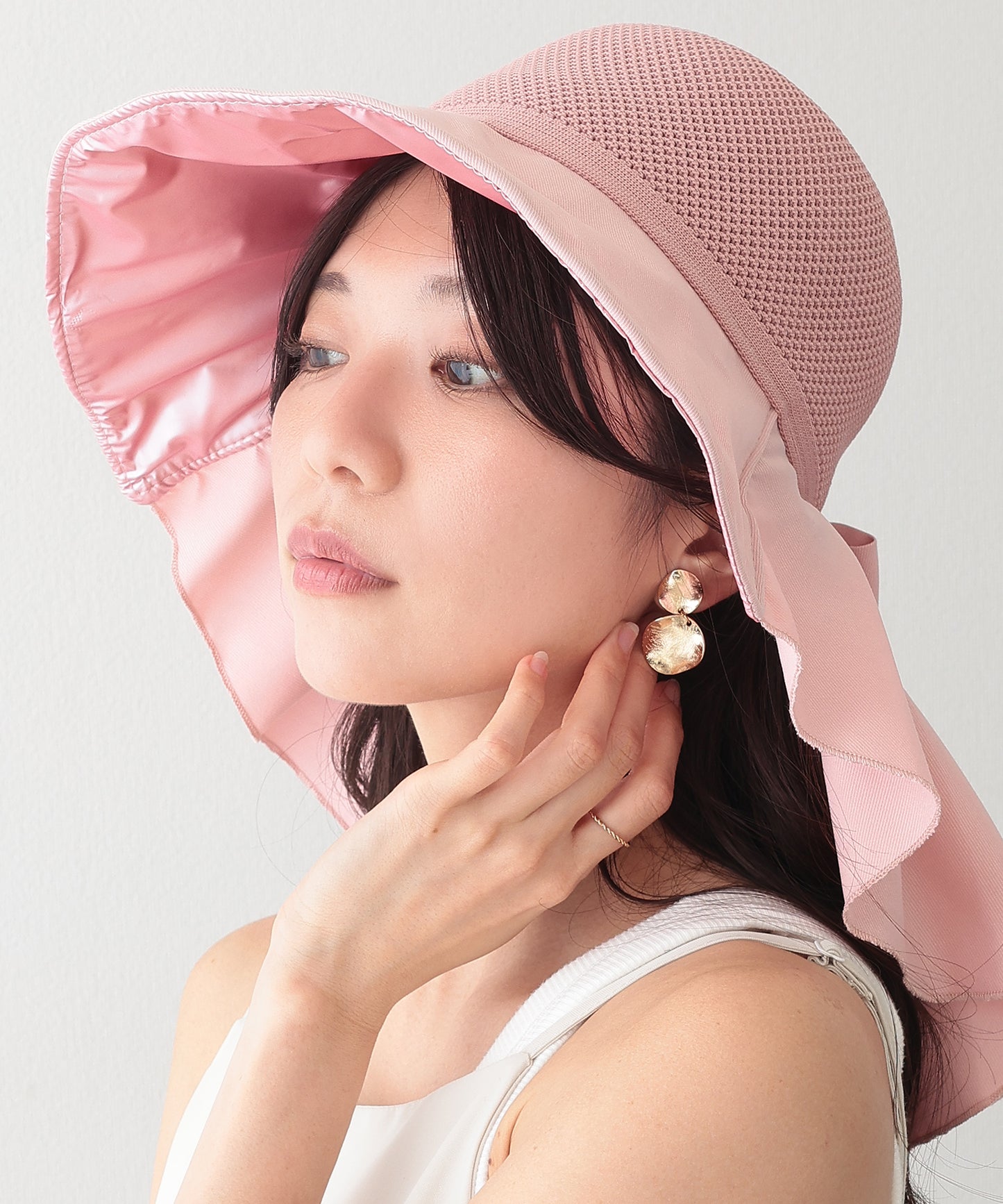 異素材 メッシュ編み バックリボン サンシェード ハット