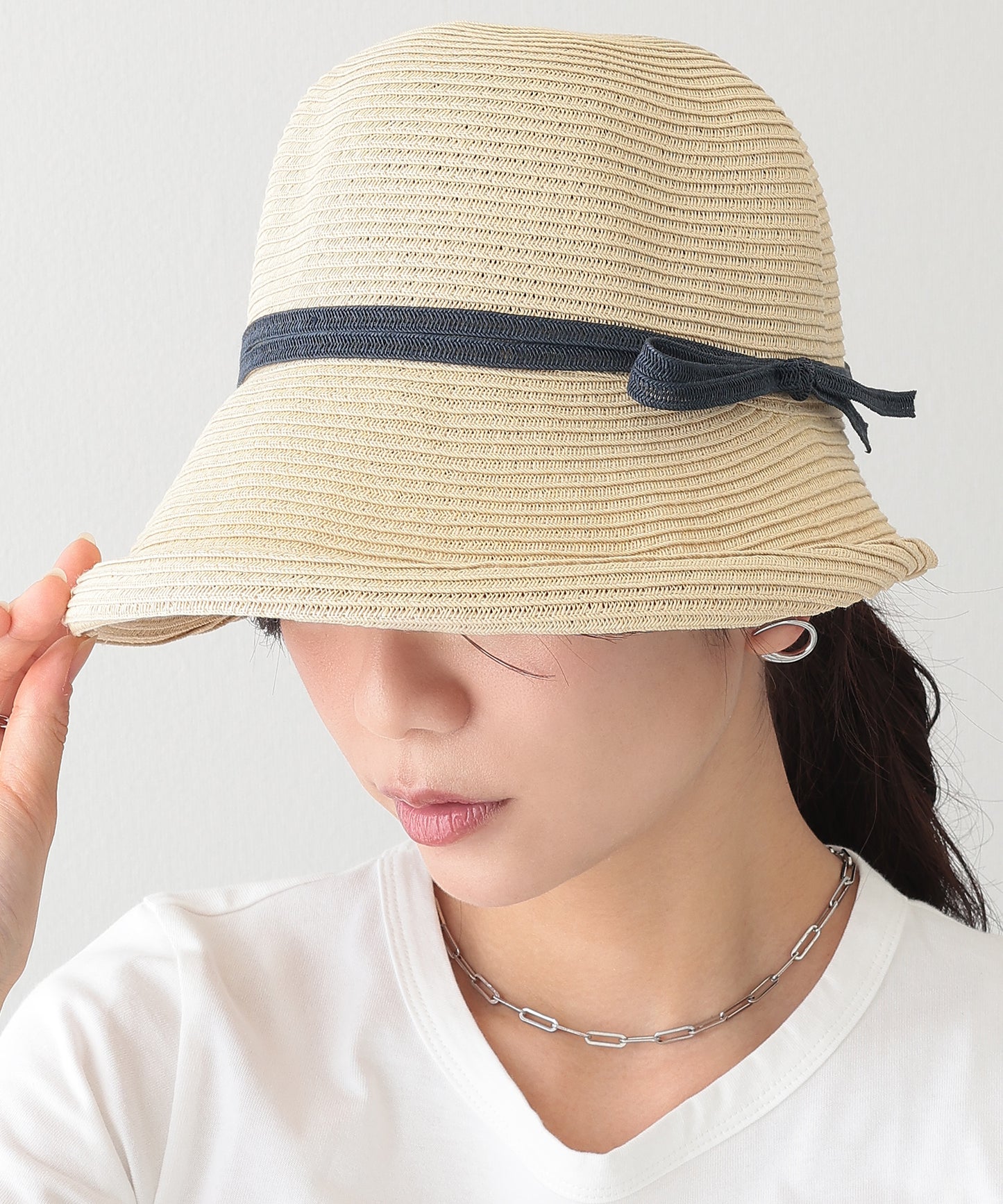 リボン付き ストロー クロッシェ ハット