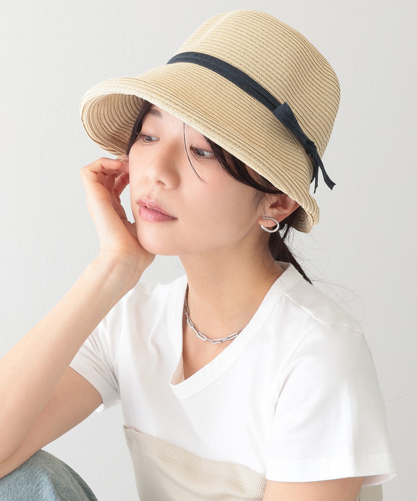 リボン付き ストロー クロッシェ ハット
