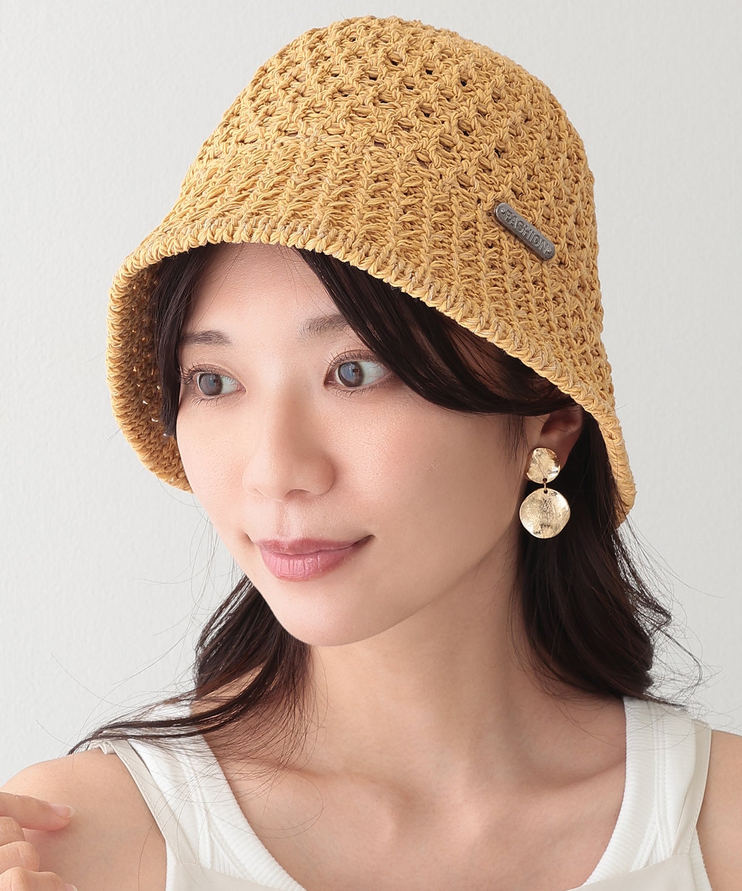 プレート付き ソリッドカラー ニット メッシュ バケットハット