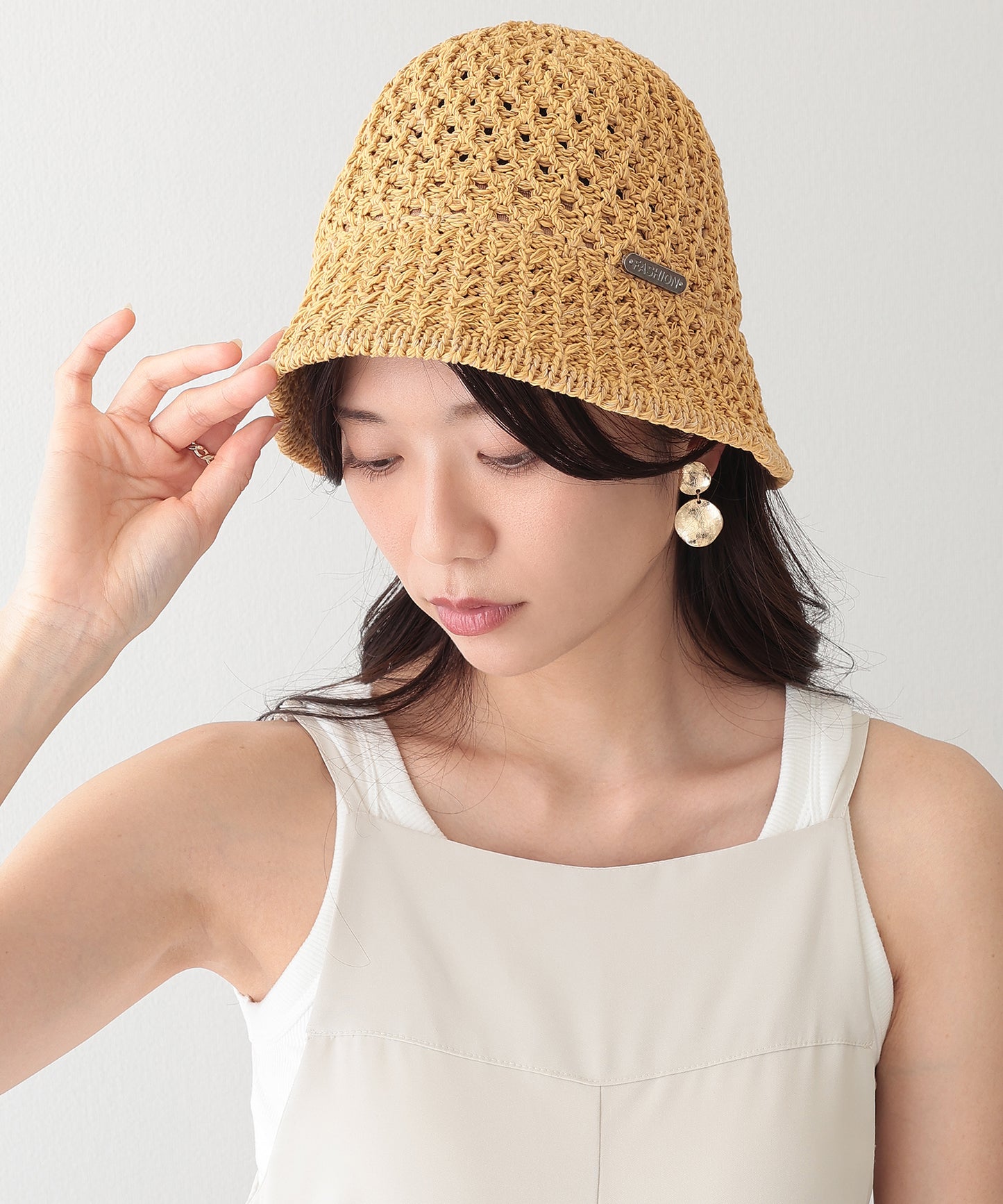 プレート付き ソリッドカラー ニット メッシュ バケットハット