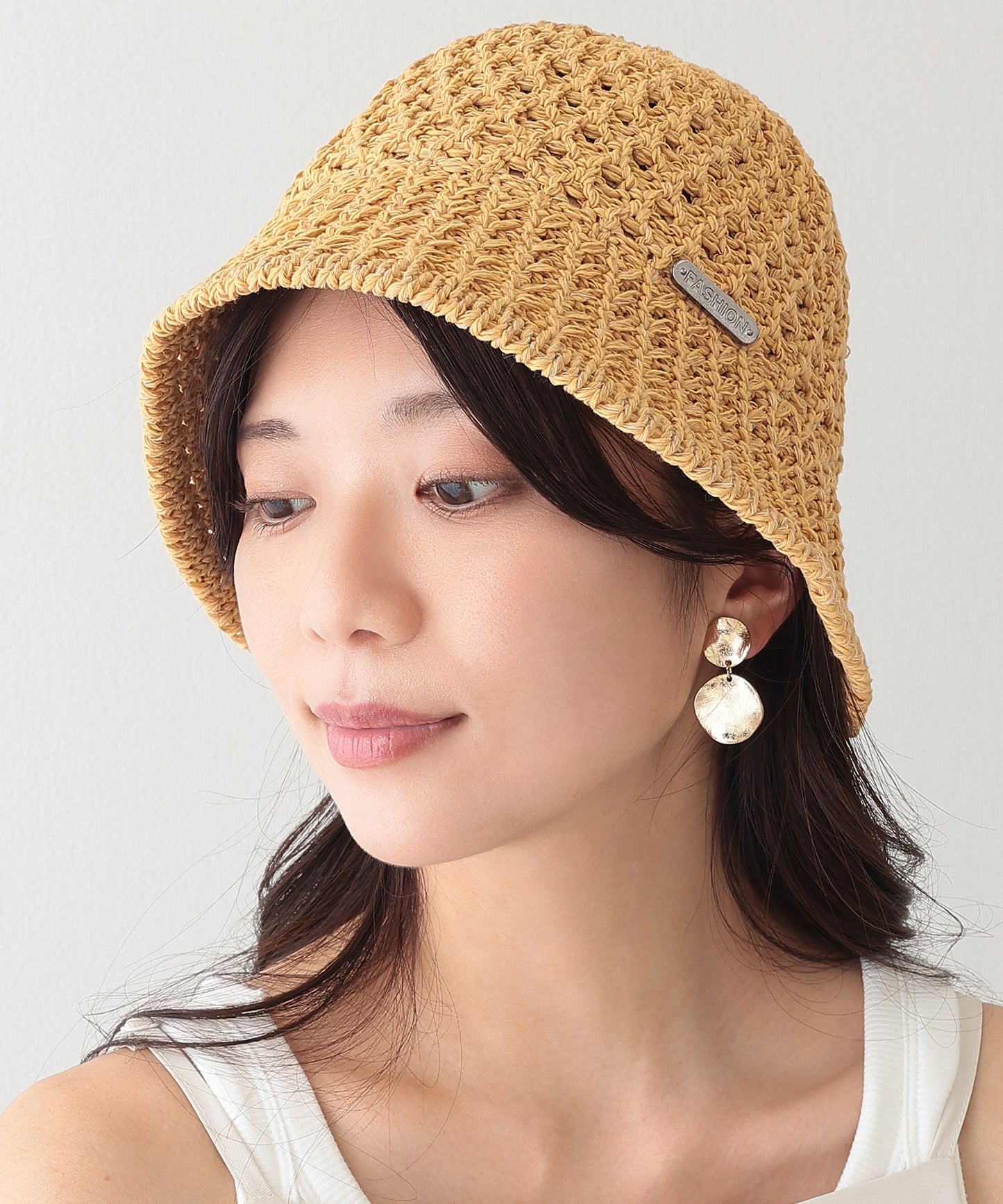 プレート付き ソリッドカラー ニット メッシュ バケットハット
