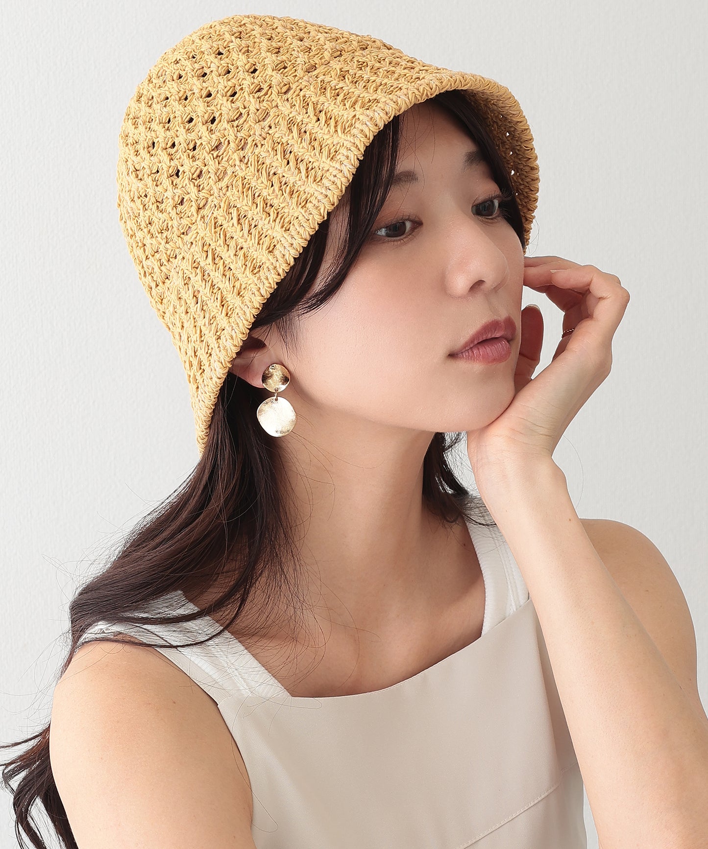 プレート付き ソリッドカラー ニット メッシュ バケットハット