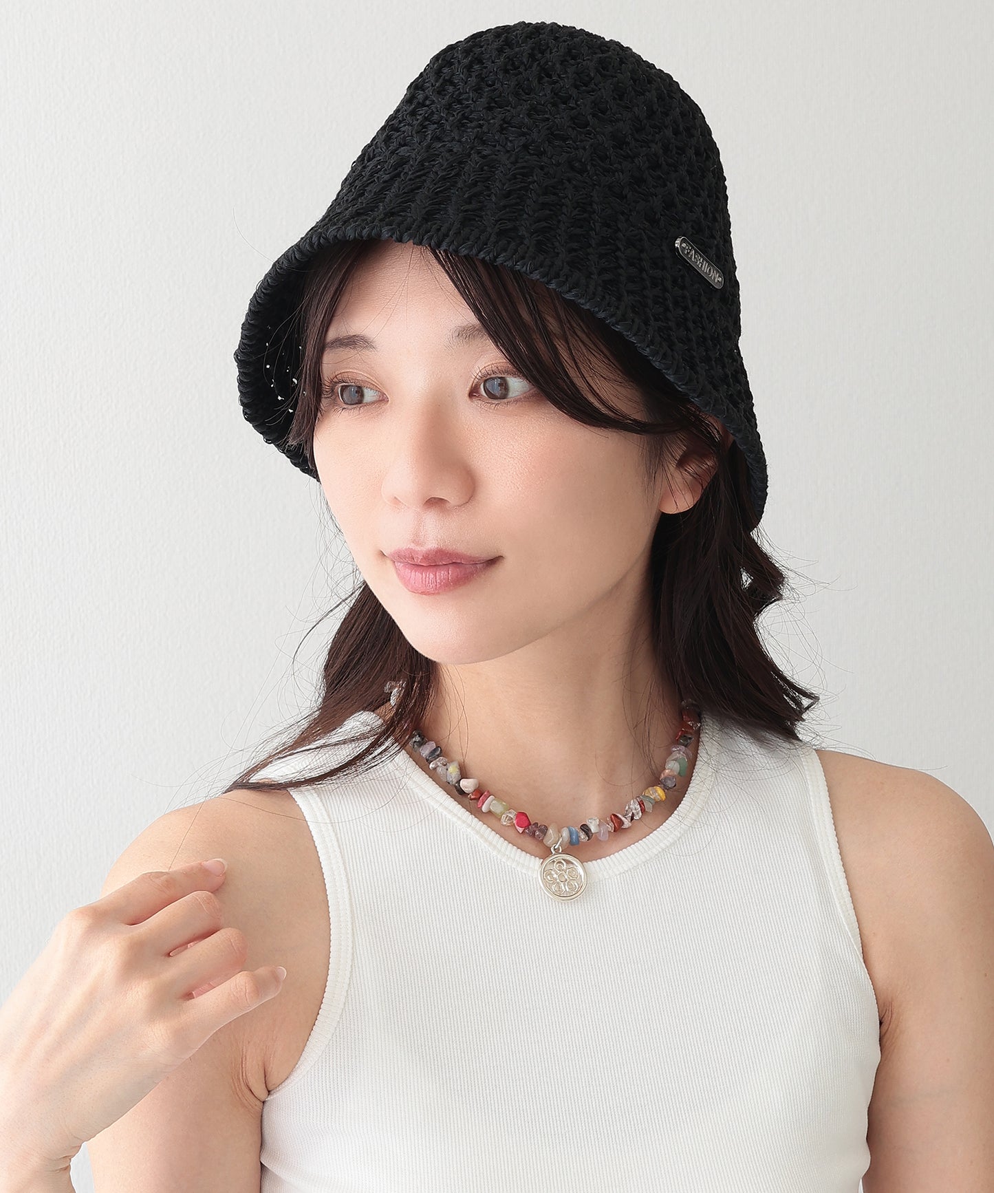 プレート付き ソリッドカラー ニット メッシュ バケットハット