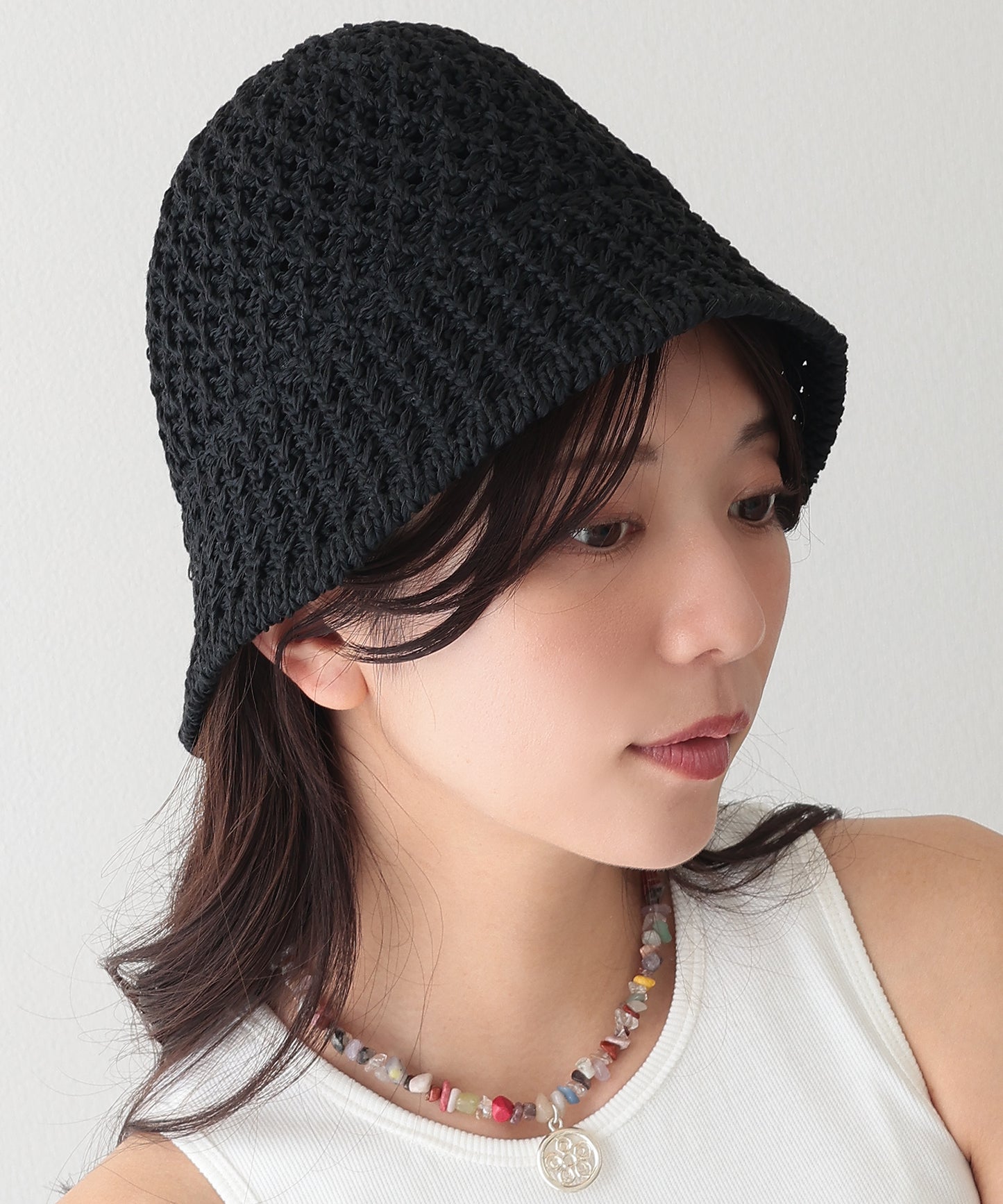 プレート付き ソリッドカラー ニット メッシュ バケットハット