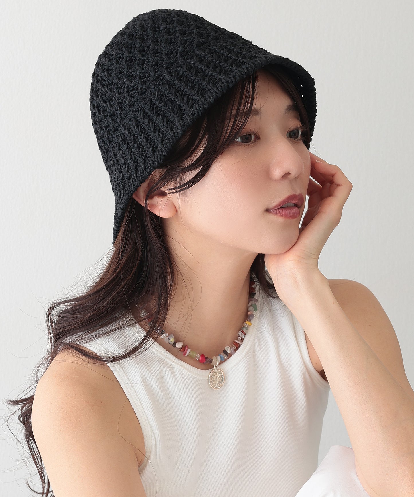 プレート付き ソリッドカラー ニット メッシュ バケットハット