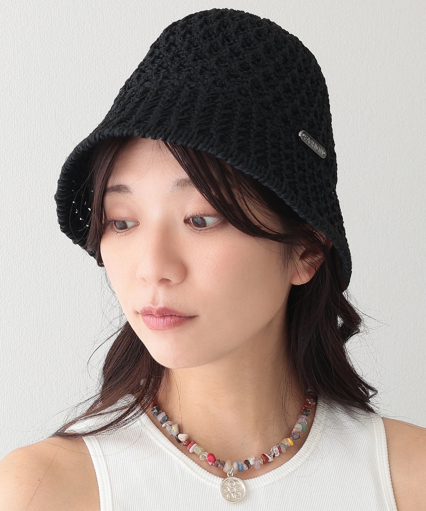 プレート付き ソリッドカラー ニット メッシュ バケットハット