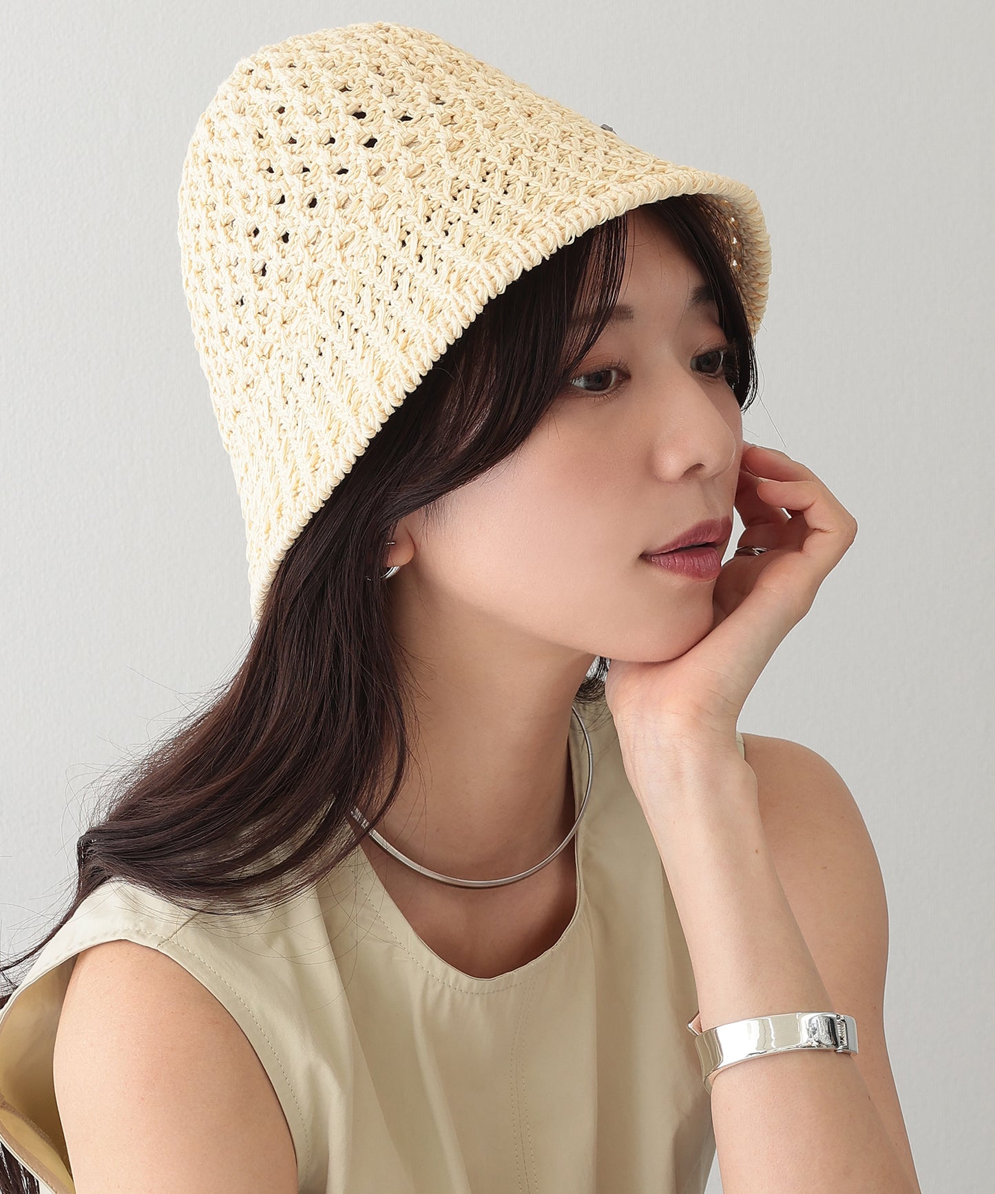 プレート付き ソリッドカラー ニット メッシュ バケットハット