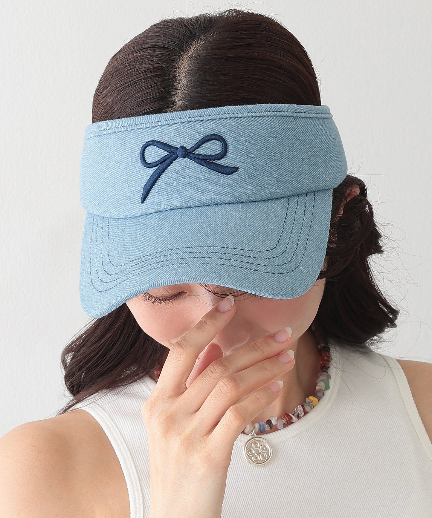 リボン 刺繍 デニム サンバイザー キャップ
