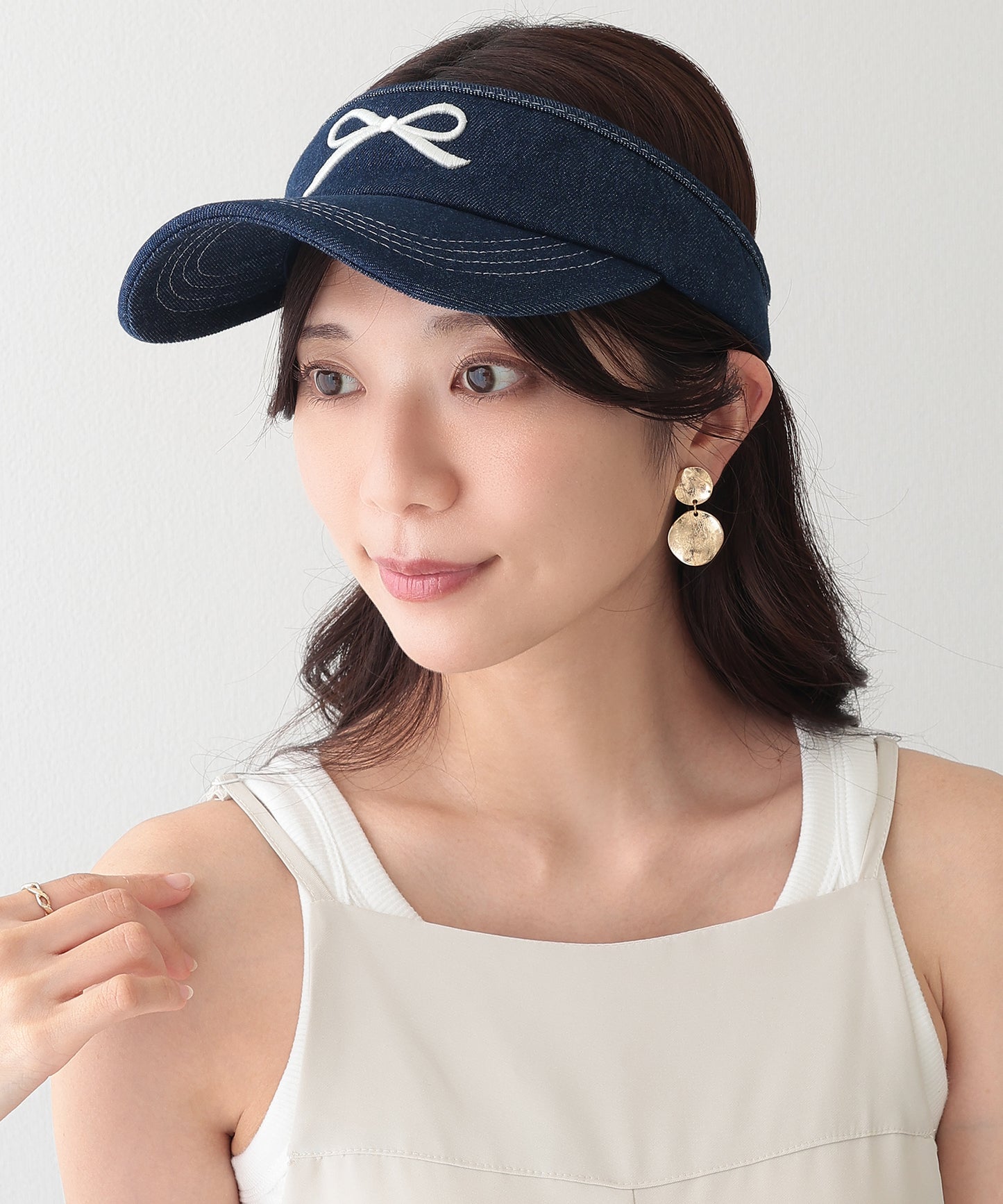 リボン 刺繍 デニム サンバイザー キャップ