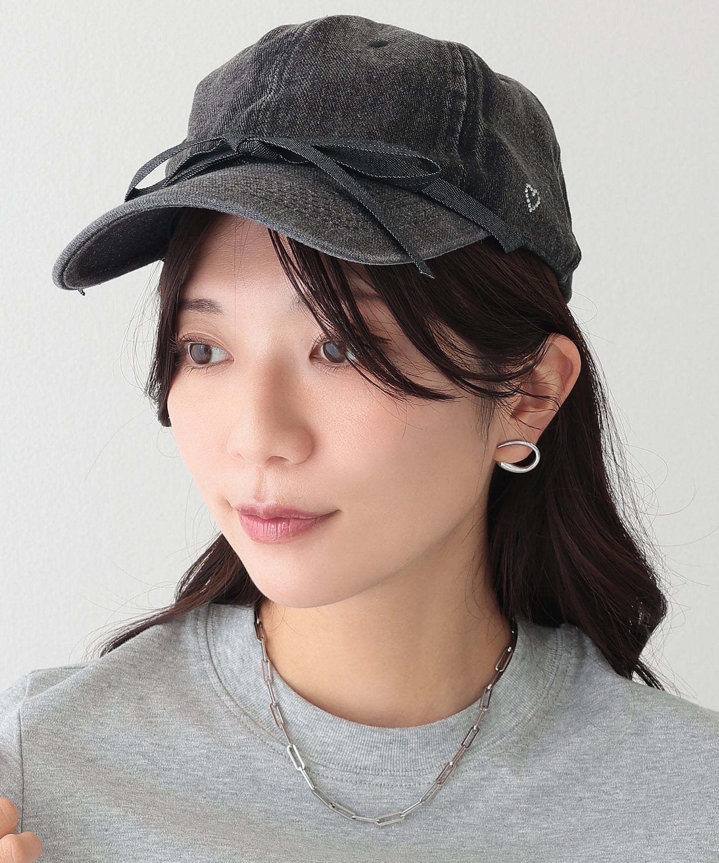 リボン付き プチ ハート デニム ベースボール キャップ