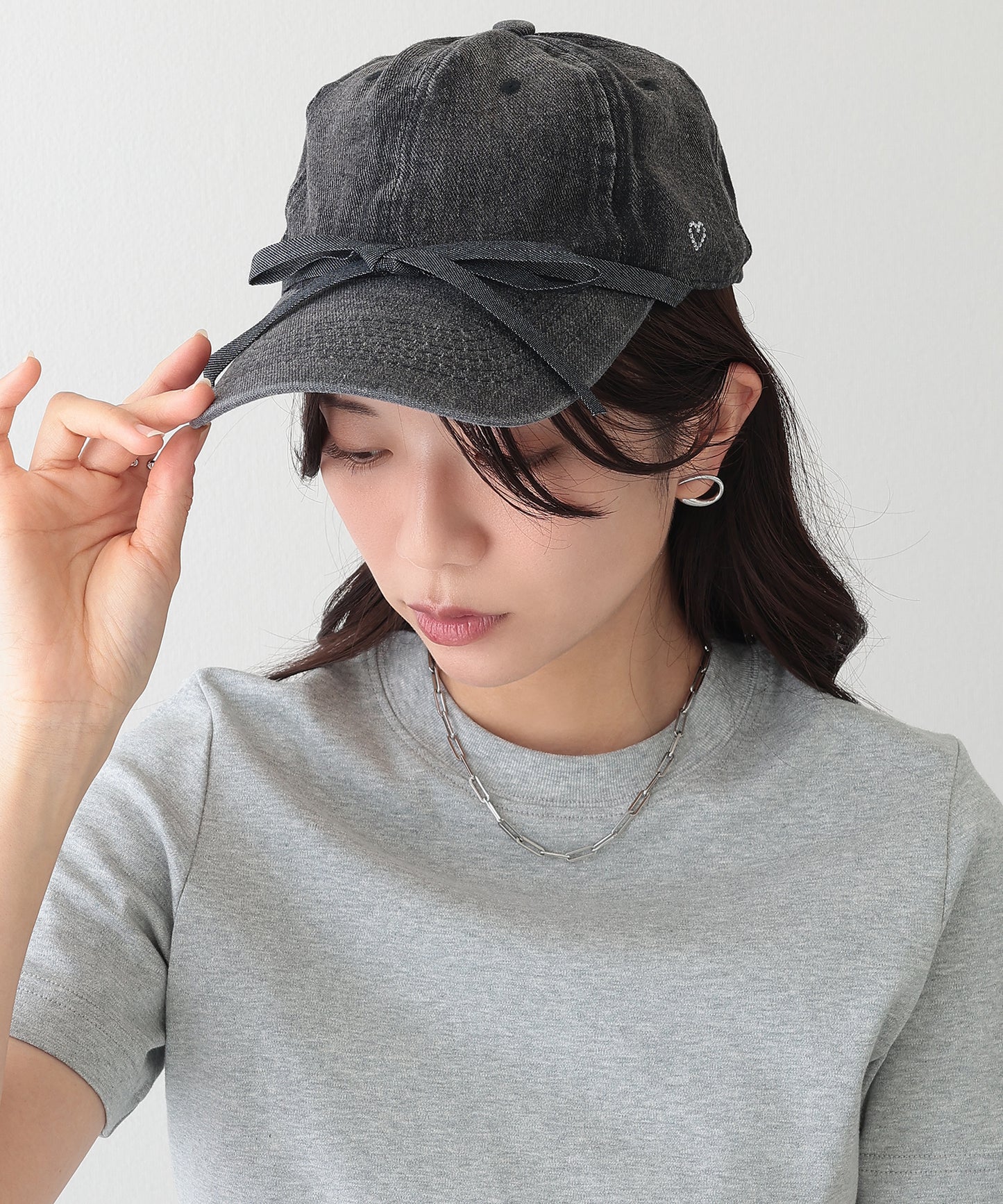 リボン付き プチ ハート デニム ベースボール キャップ