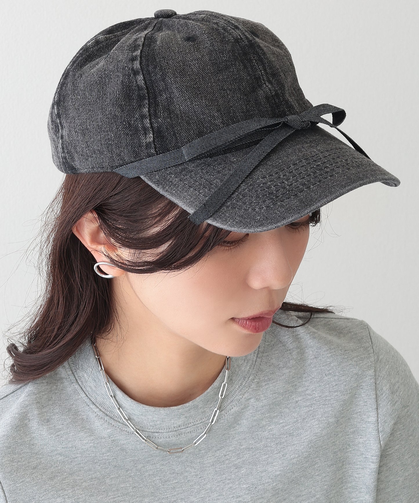 リボン付き プチ ハート デニム ベースボール キャップ