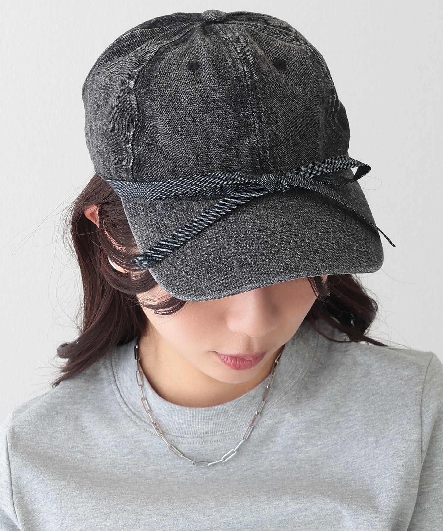 リボン付き プチ ハート デニム ベースボール キャップ