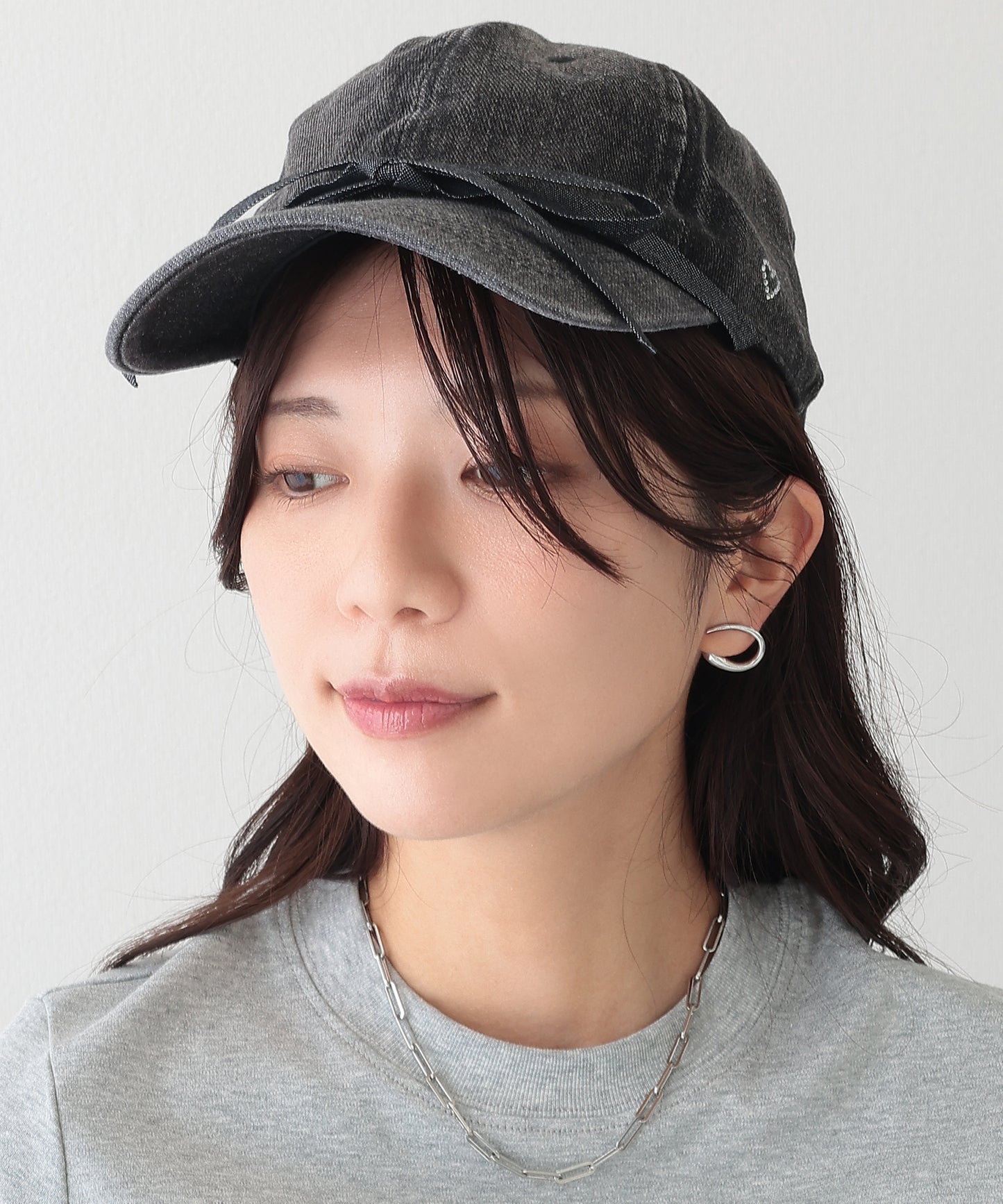 リボン付き プチ ハート デニム ベースボール キャップ