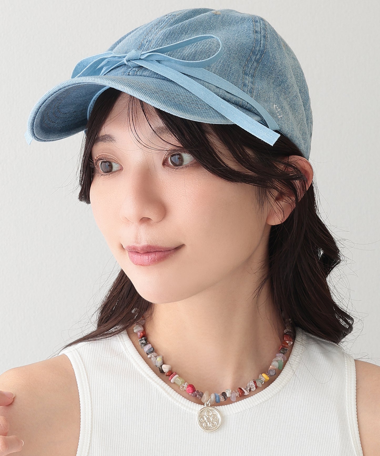 リボン付き プチ ハート デニム ベースボール キャップ