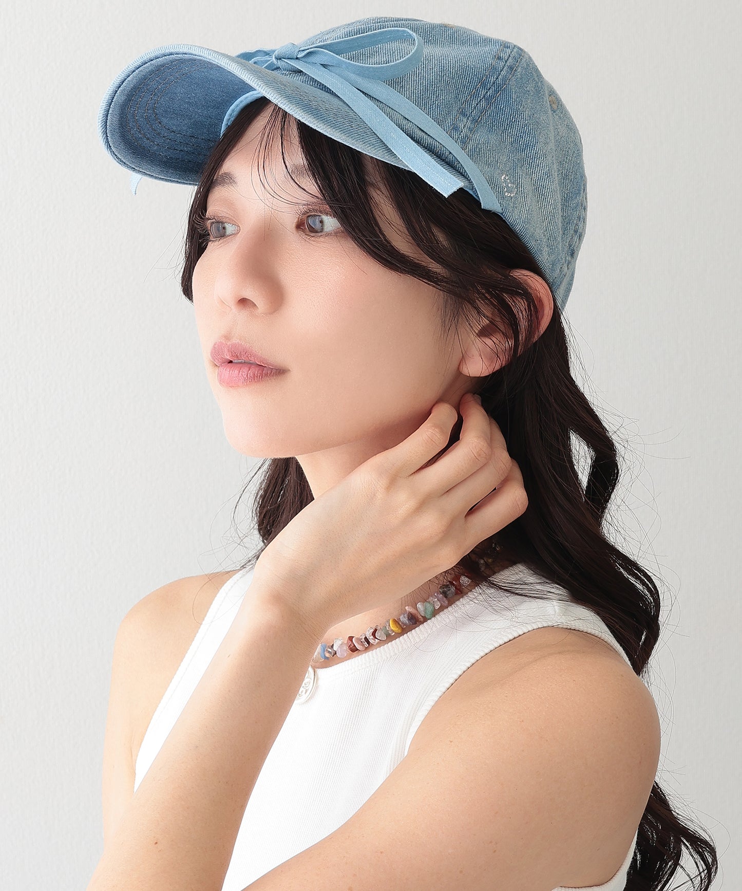 リボン付き プチ ハート デニム ベースボール キャップ