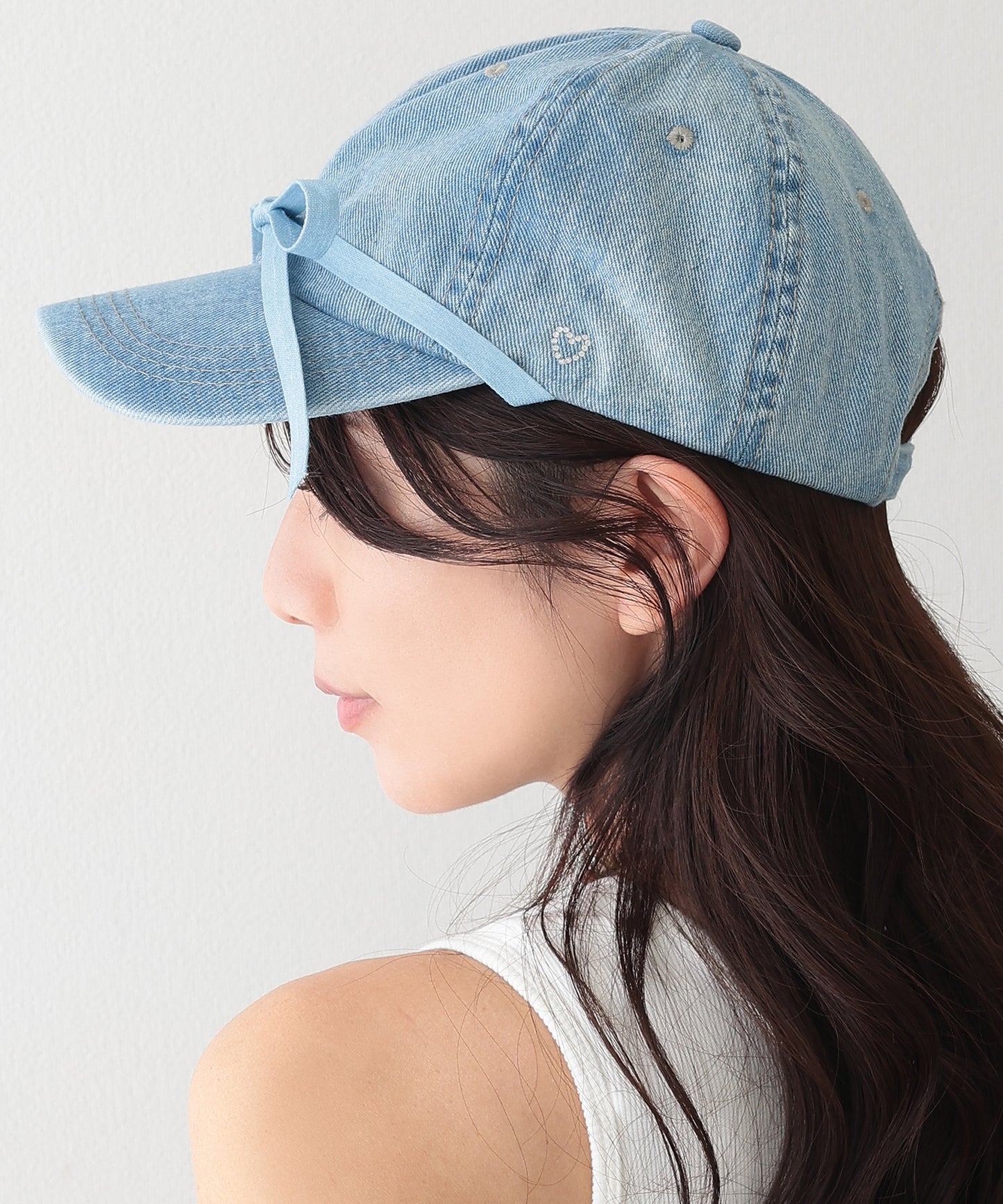 リボン付き プチ ハート デニム ベースボール キャップ