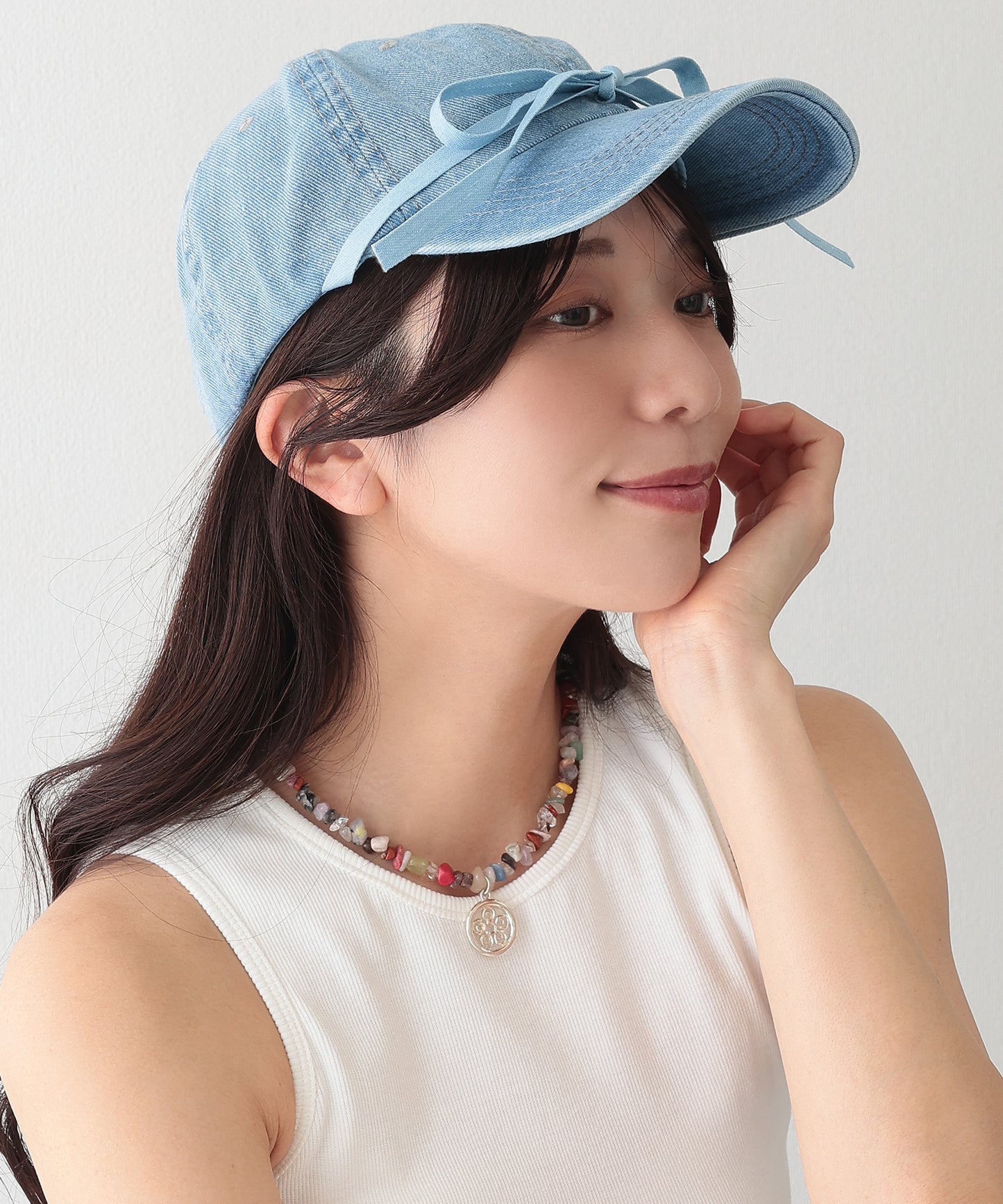 リボン付き プチ ハート デニム ベースボール キャップ
