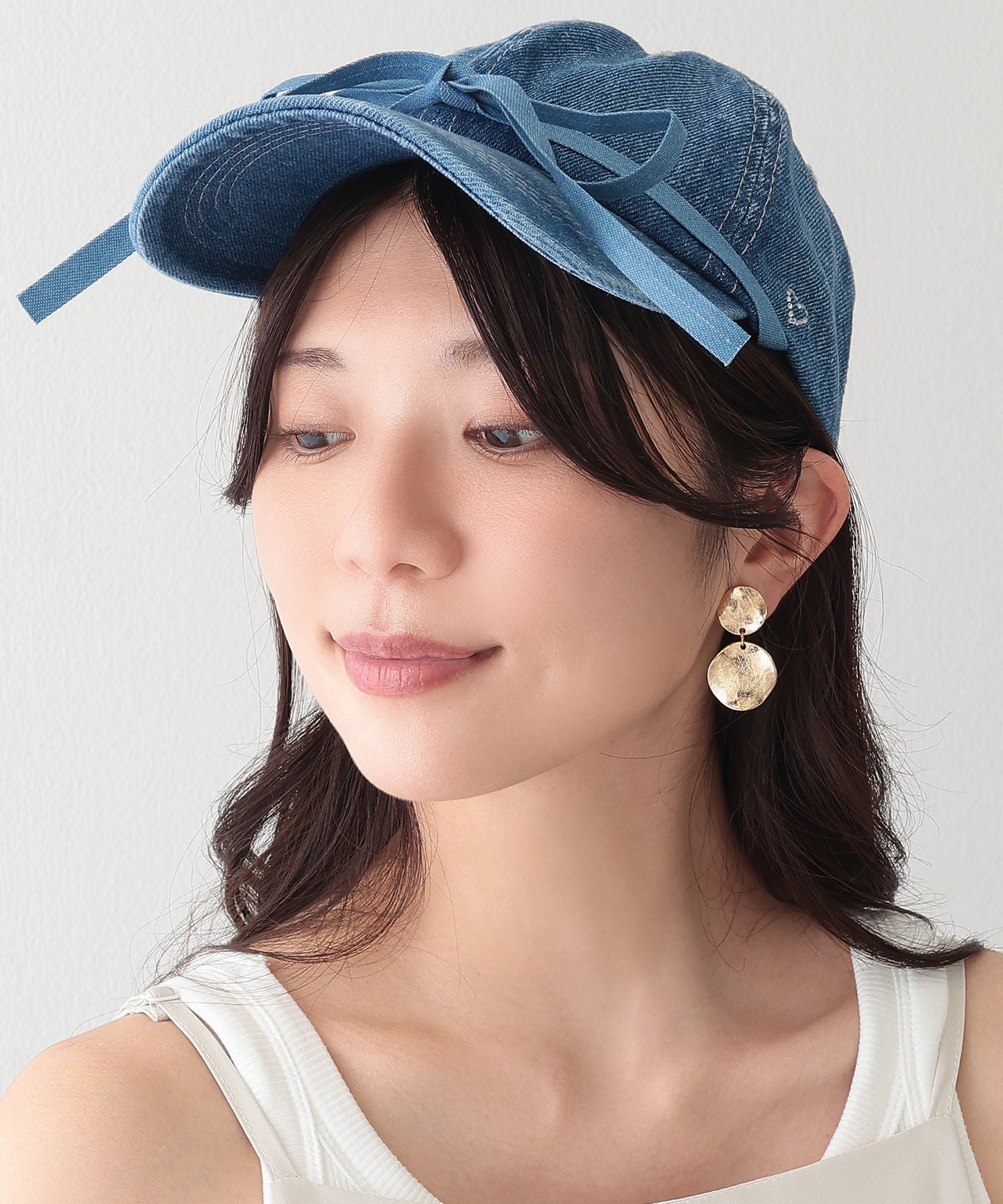 リボン付き プチ ハート デニム ベースボール キャップ